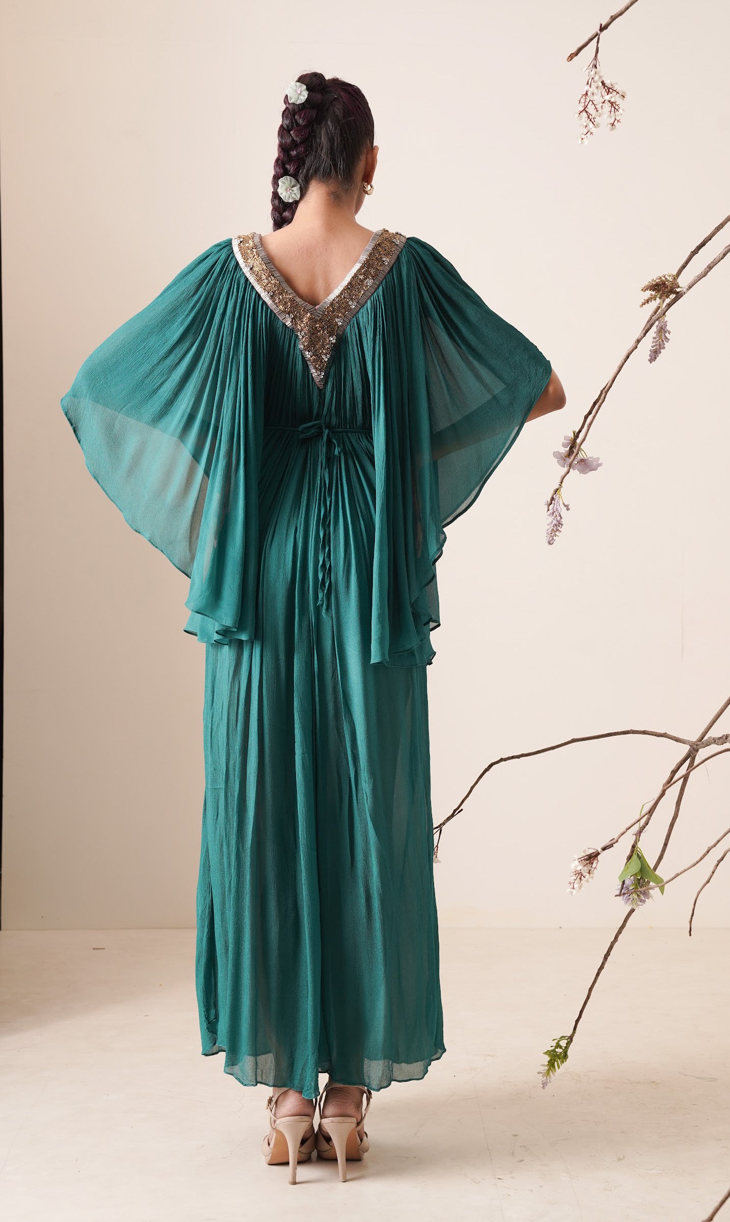 Teal colour flowy chiffon kaftan.
