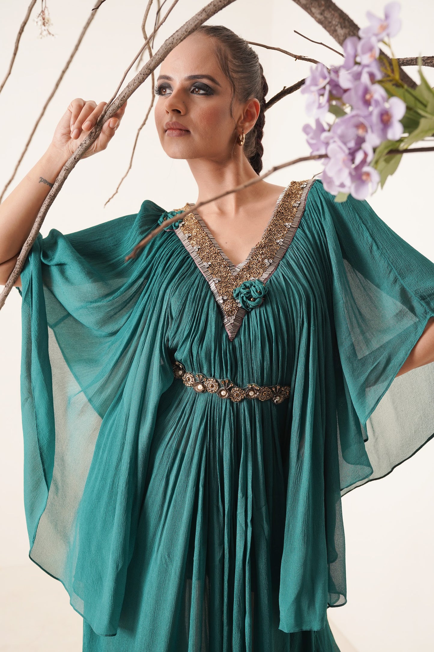 Teal colour flowy chiffon kaftan.