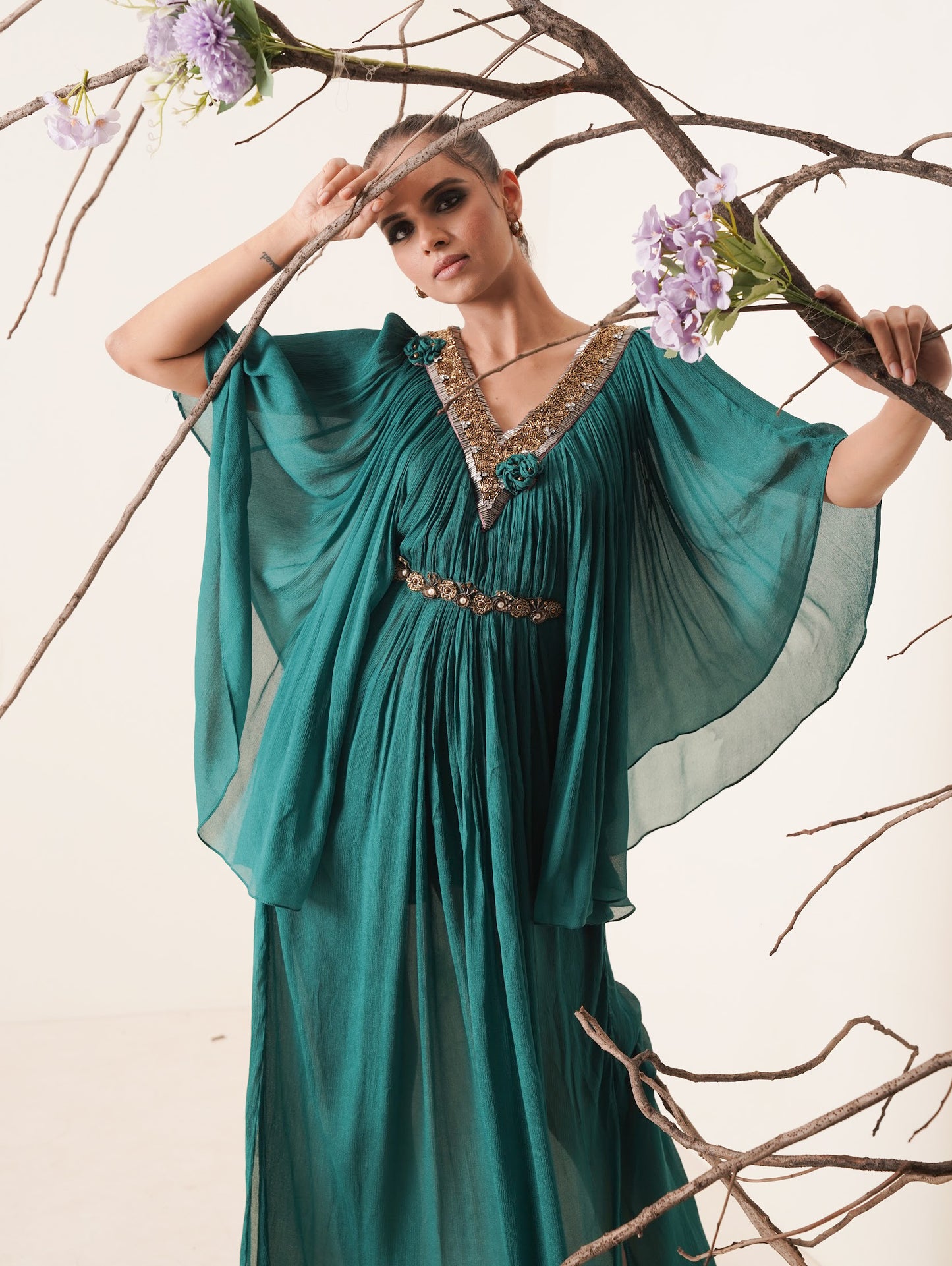 Teal colour flowy chiffon kaftan.