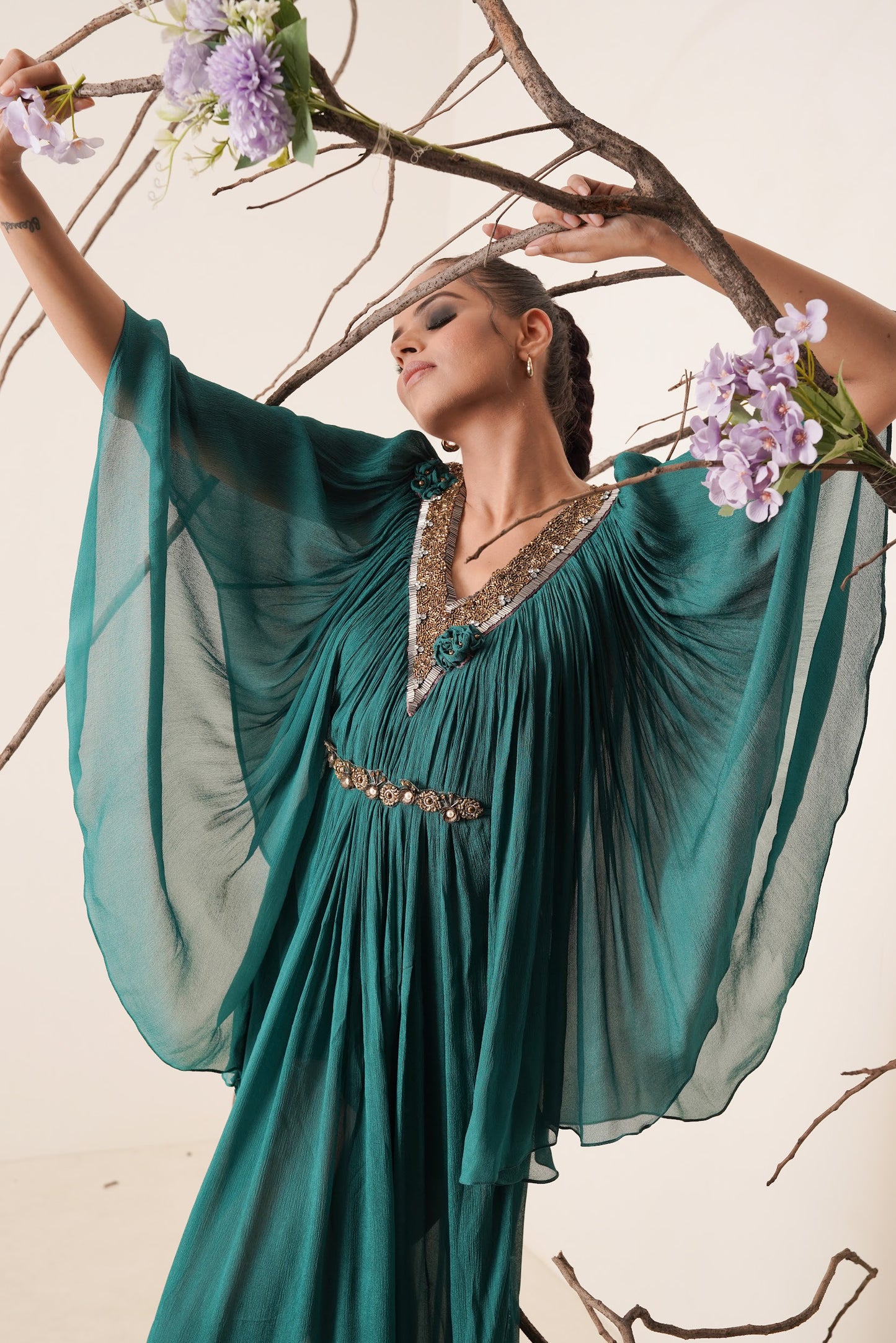 Teal colour flowy chiffon kaftan.