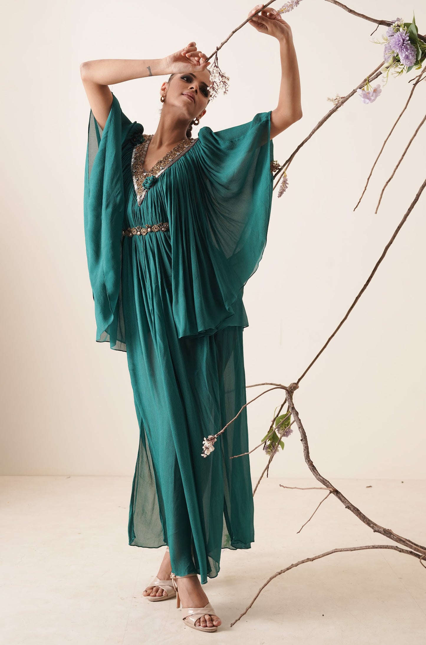 Teal colour flowy chiffon kaftan.