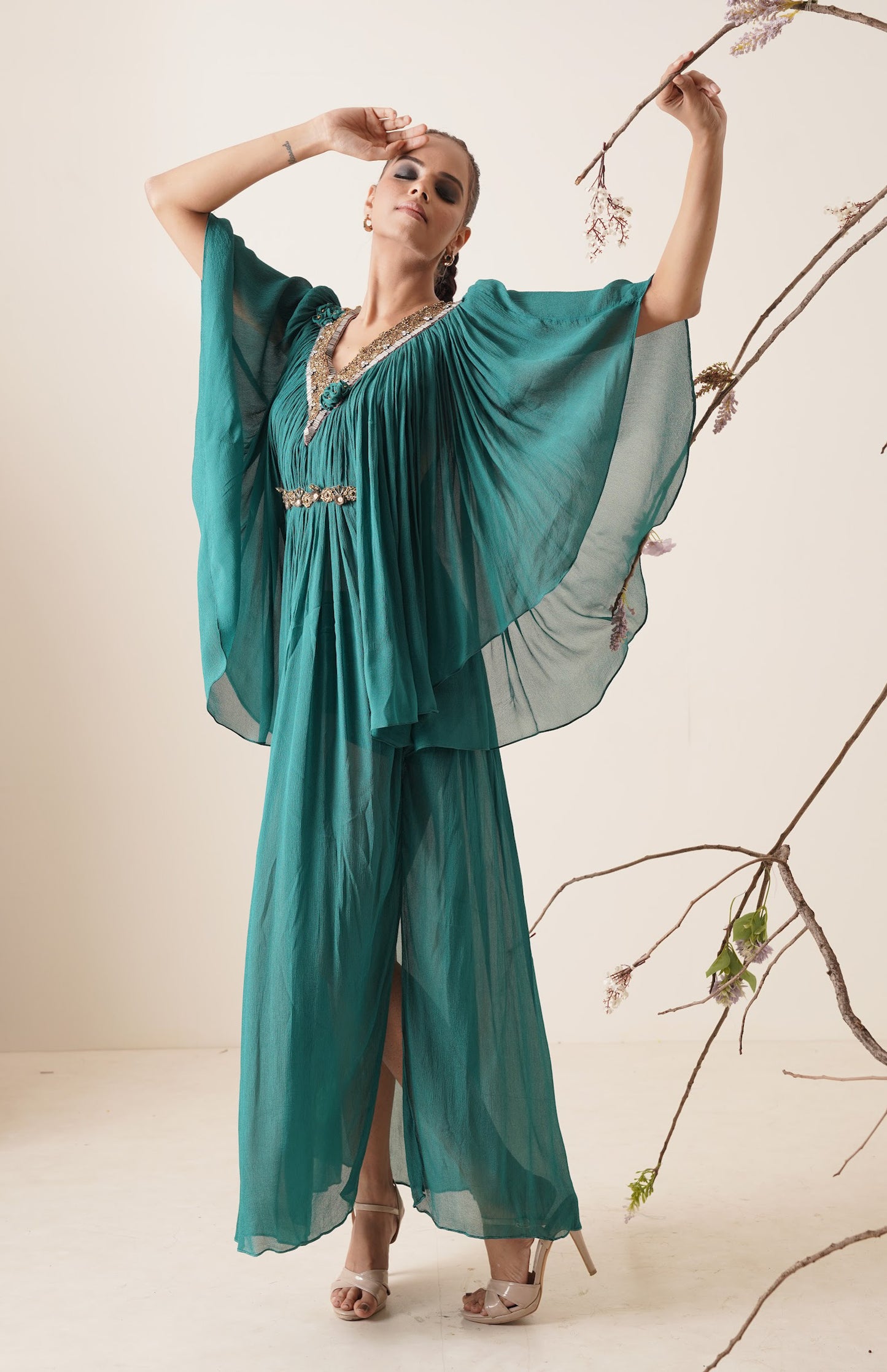 Teal colour flowy chiffon kaftan.