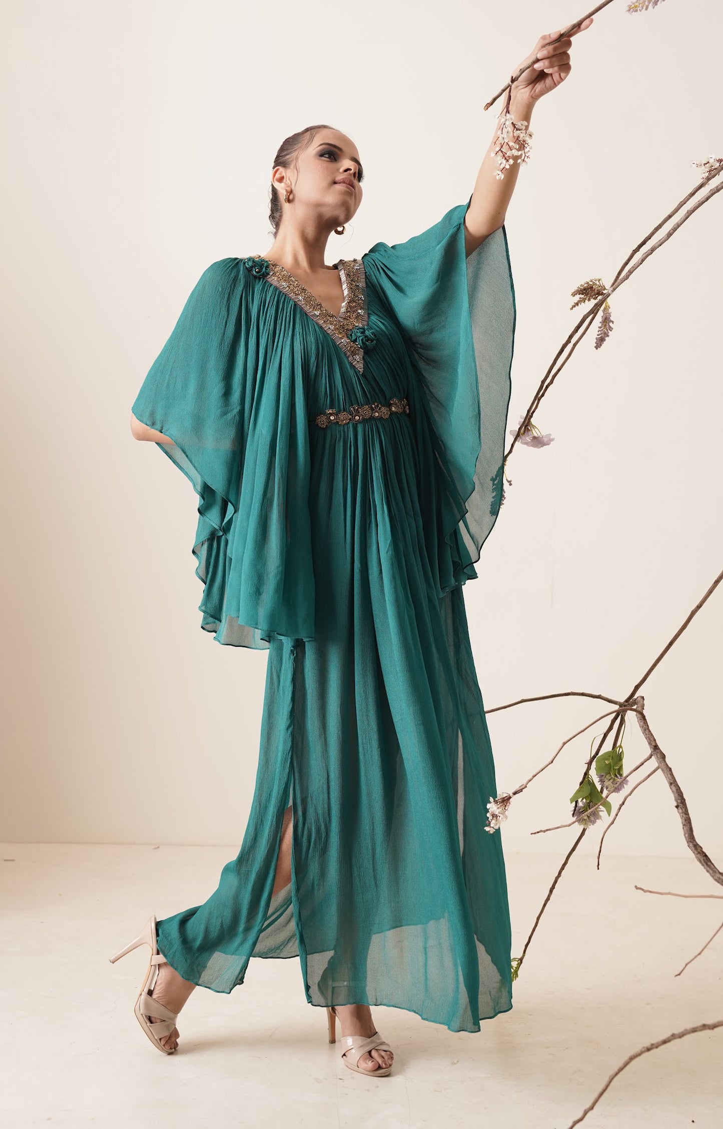 Teal colour flowy chiffon kaftan.