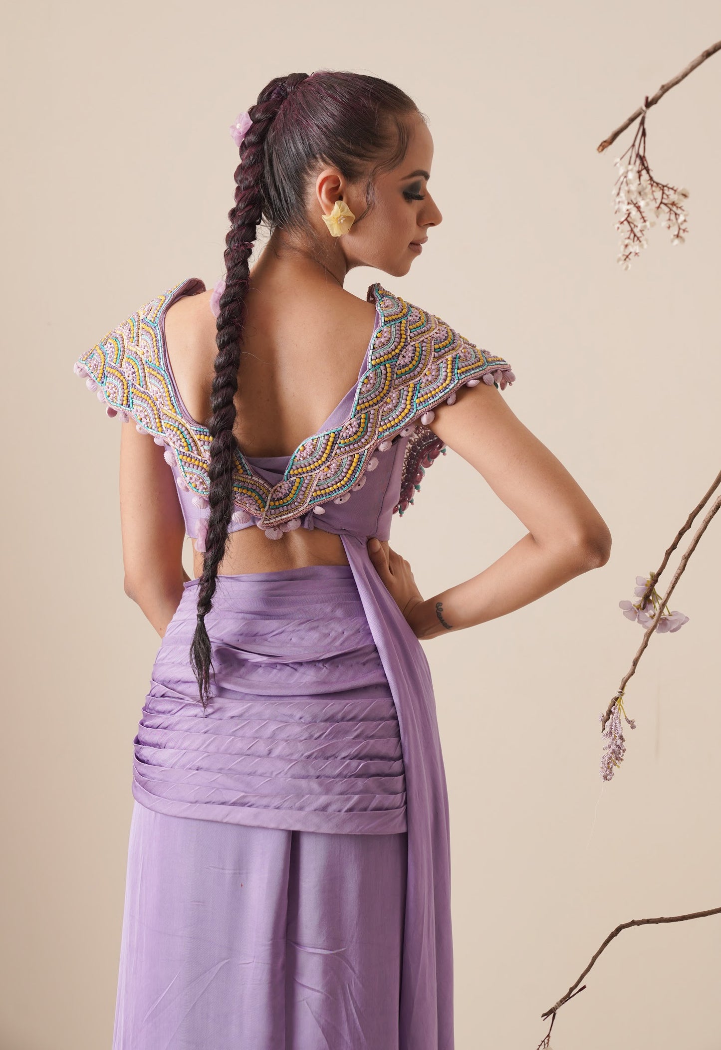 Lavender saree with structured blouse and detachable belt