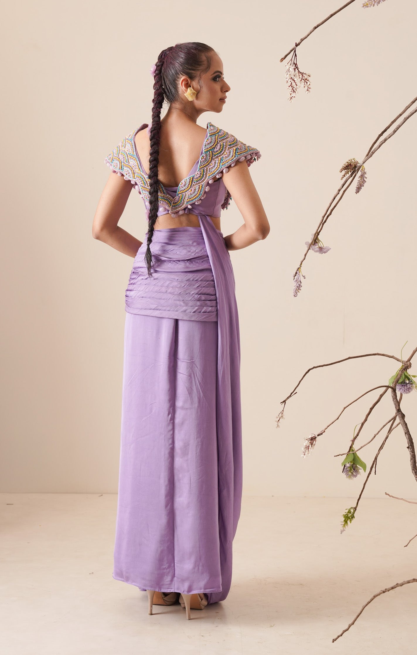Lavender saree with structured blouse and detachable belt