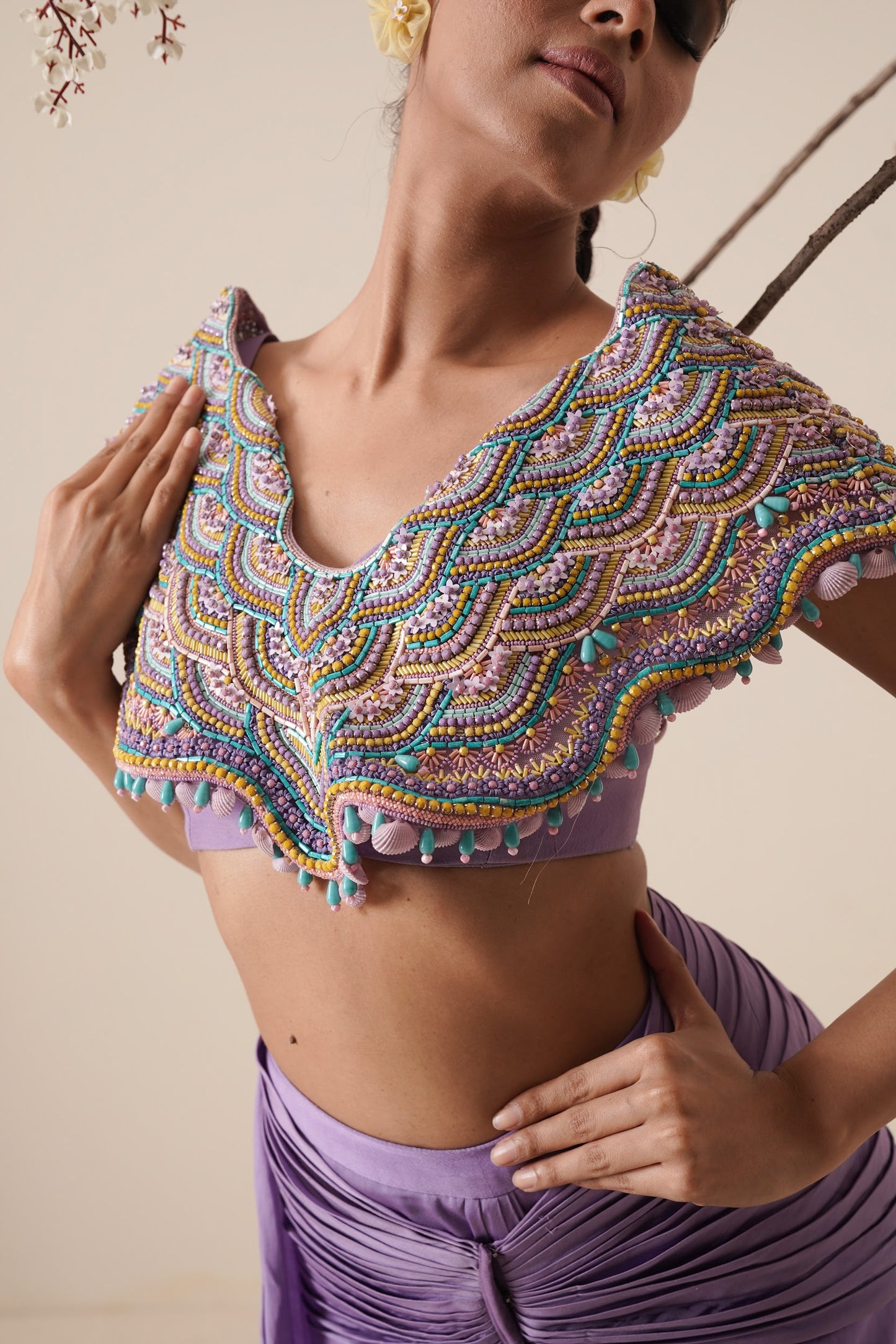Lavender saree with structured blouse and detachable belt