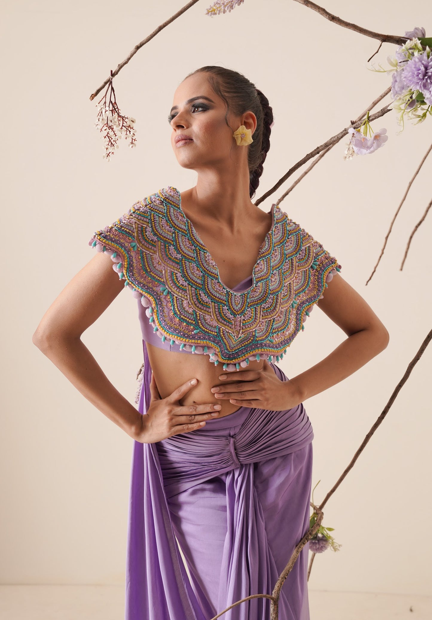 Lavender saree with structured blouse and detachable belt