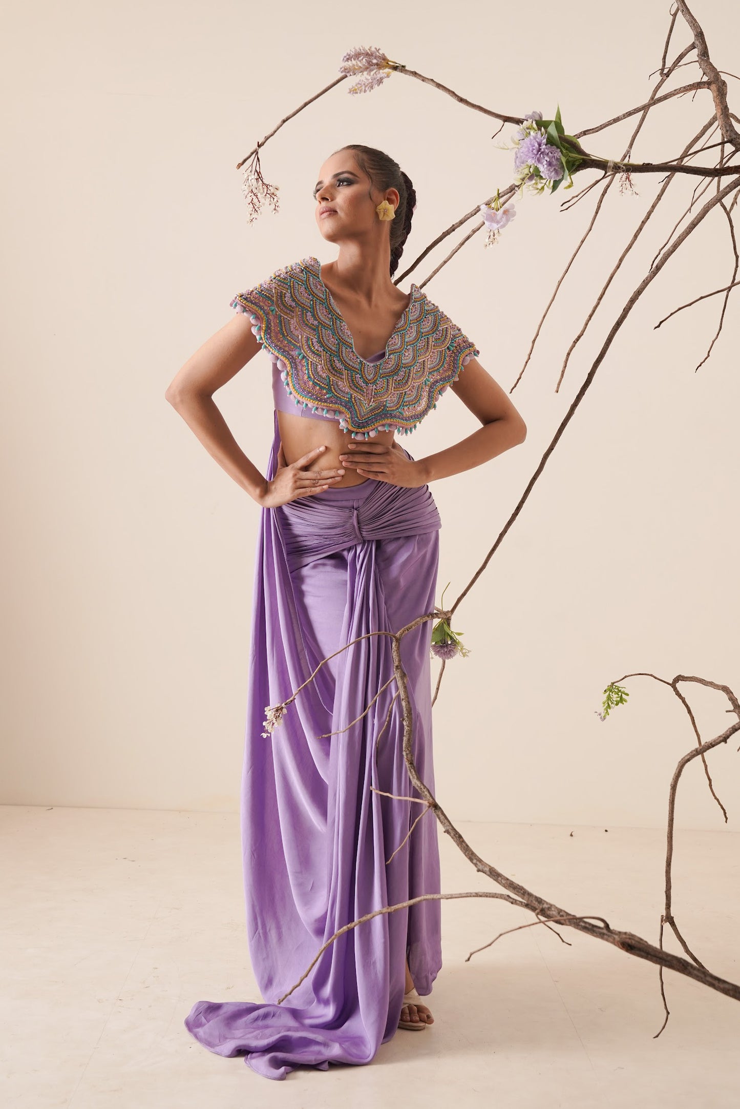 Lavender saree with structured blouse and detachable belt