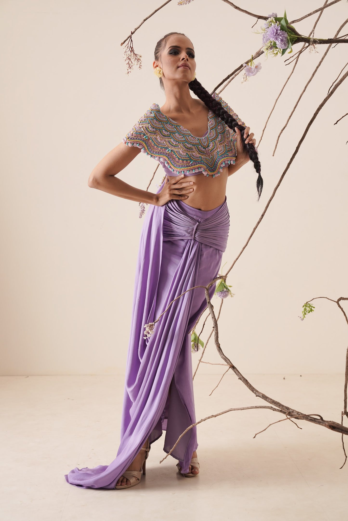 Lavender saree with structured blouse and detachable belt