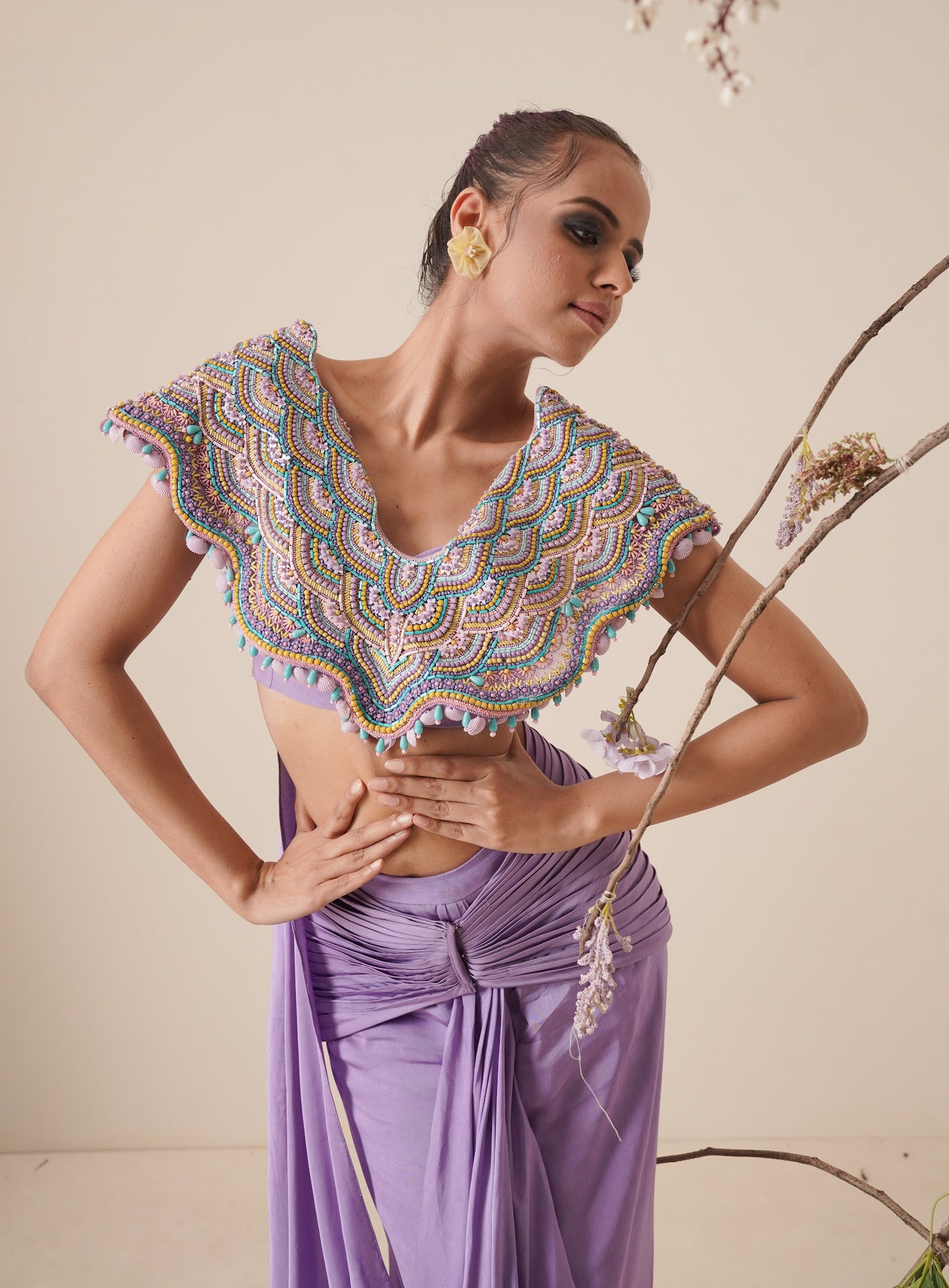 Lavender saree with structured blouse and detachable belt