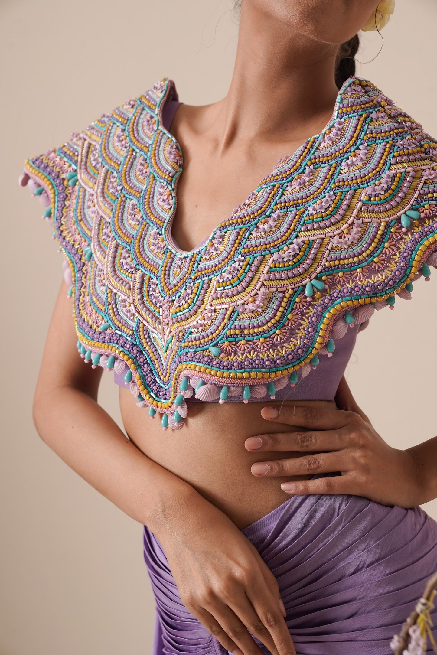 Lavender saree with structured blouse and detachable belt