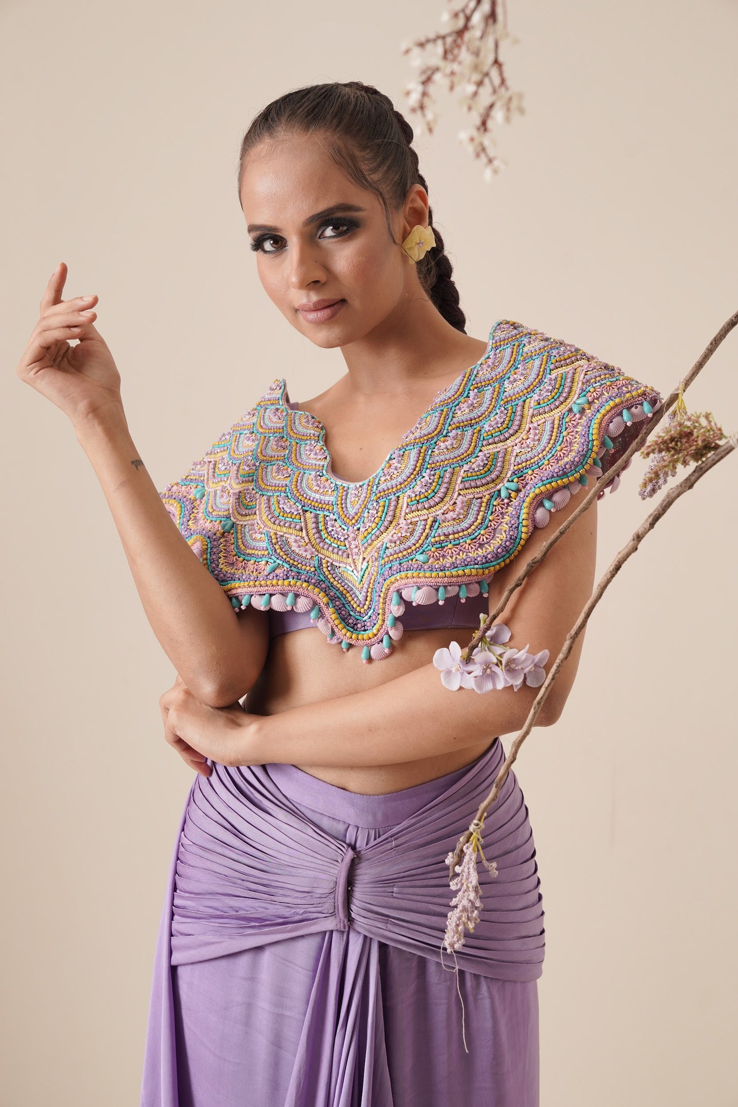 Lavender saree with structured blouse and detachable belt