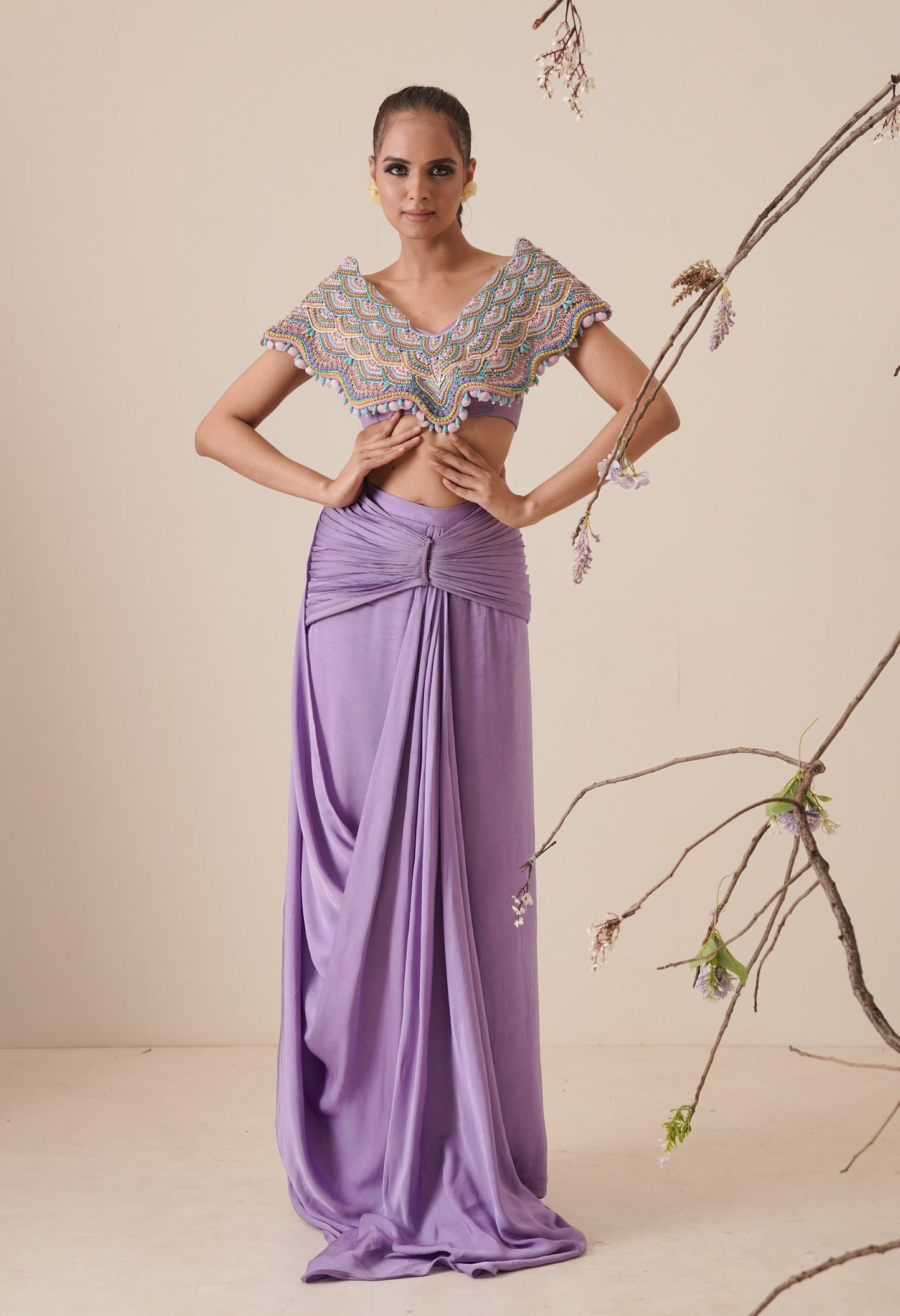 Lavender saree with structured blouse and detachable belt