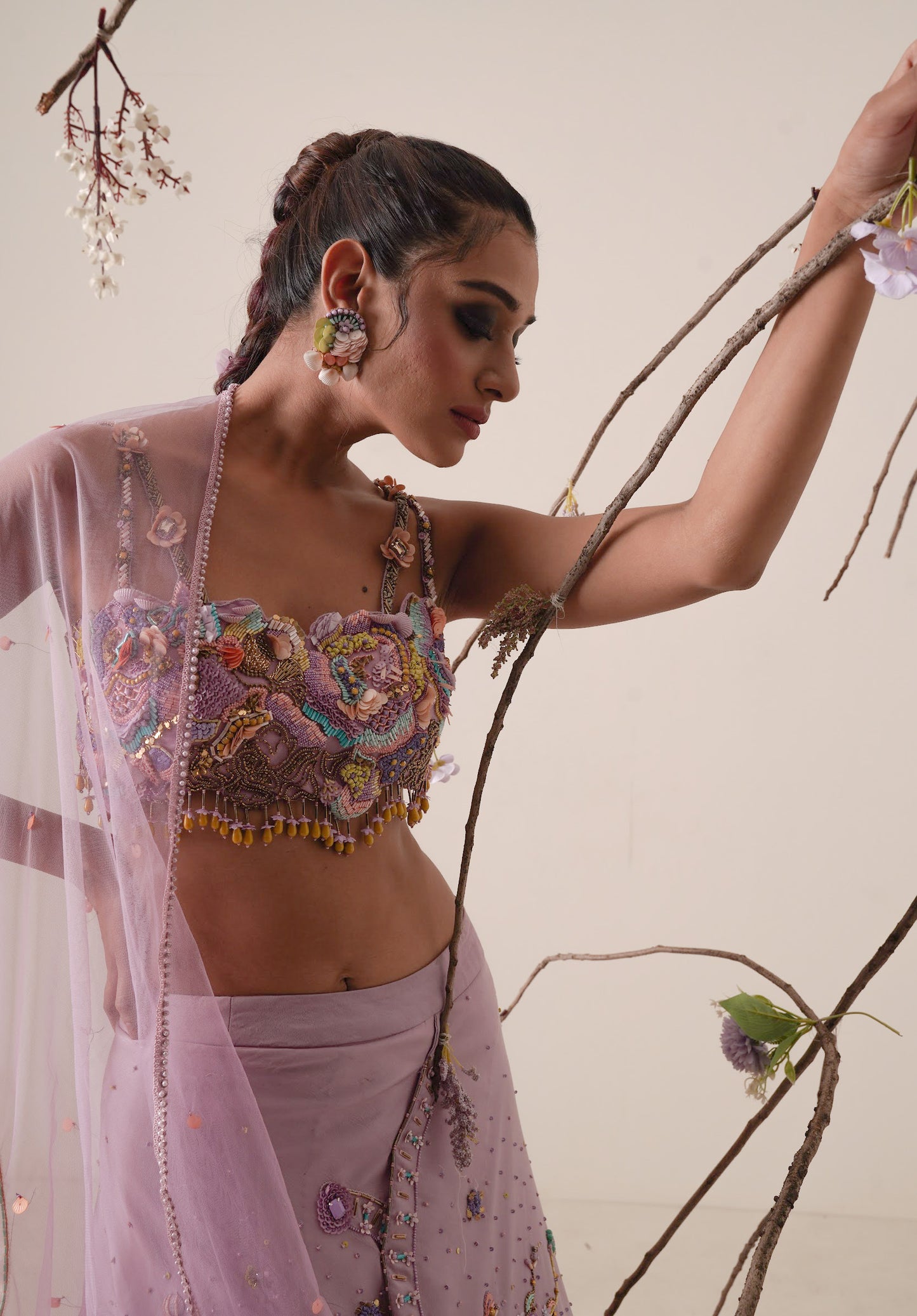 Lavender lehenga set pleated front detail and a applique embroidery dupatta.
