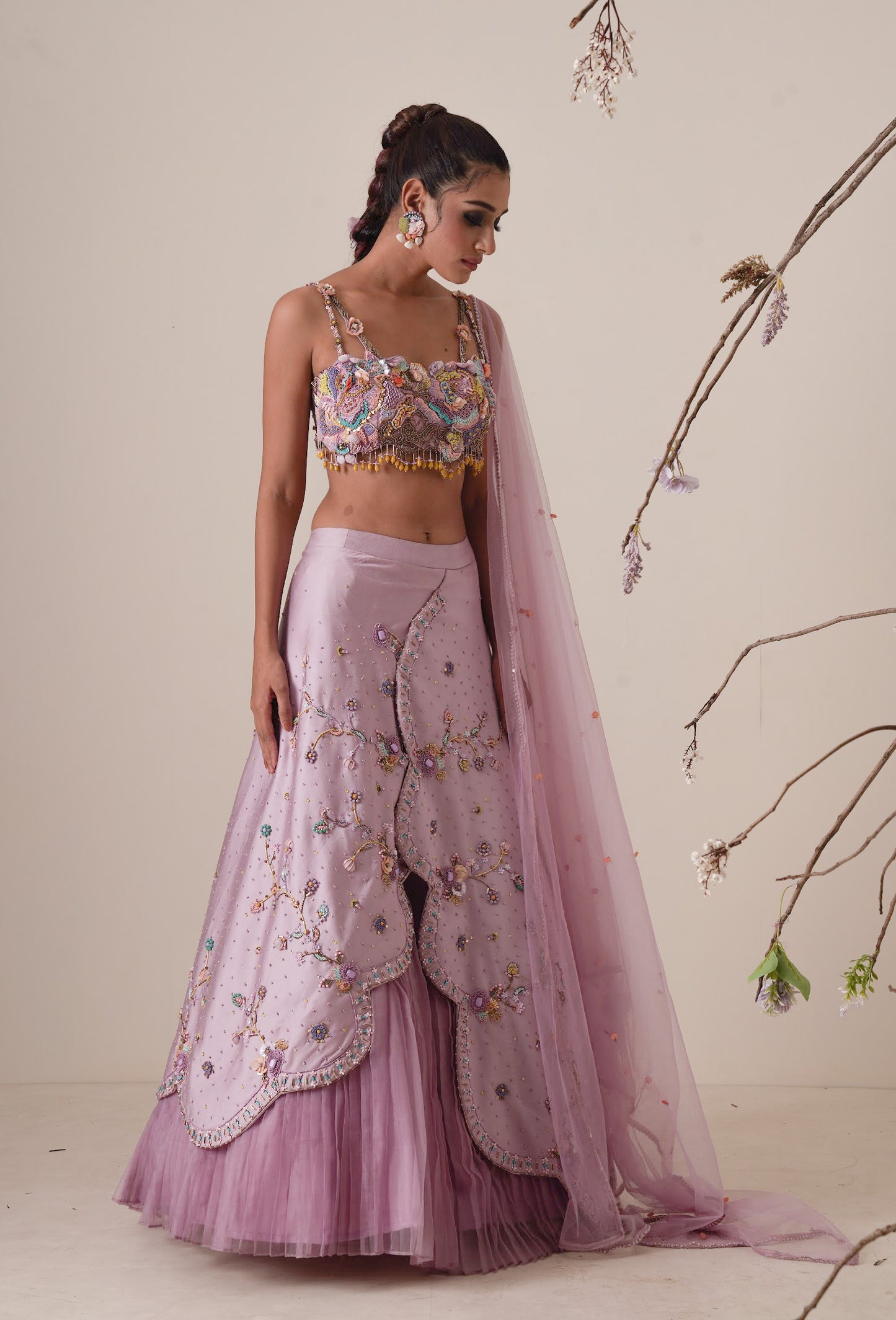 Lavender lehenga set pleated front detail and a applique embroidery dupatta.