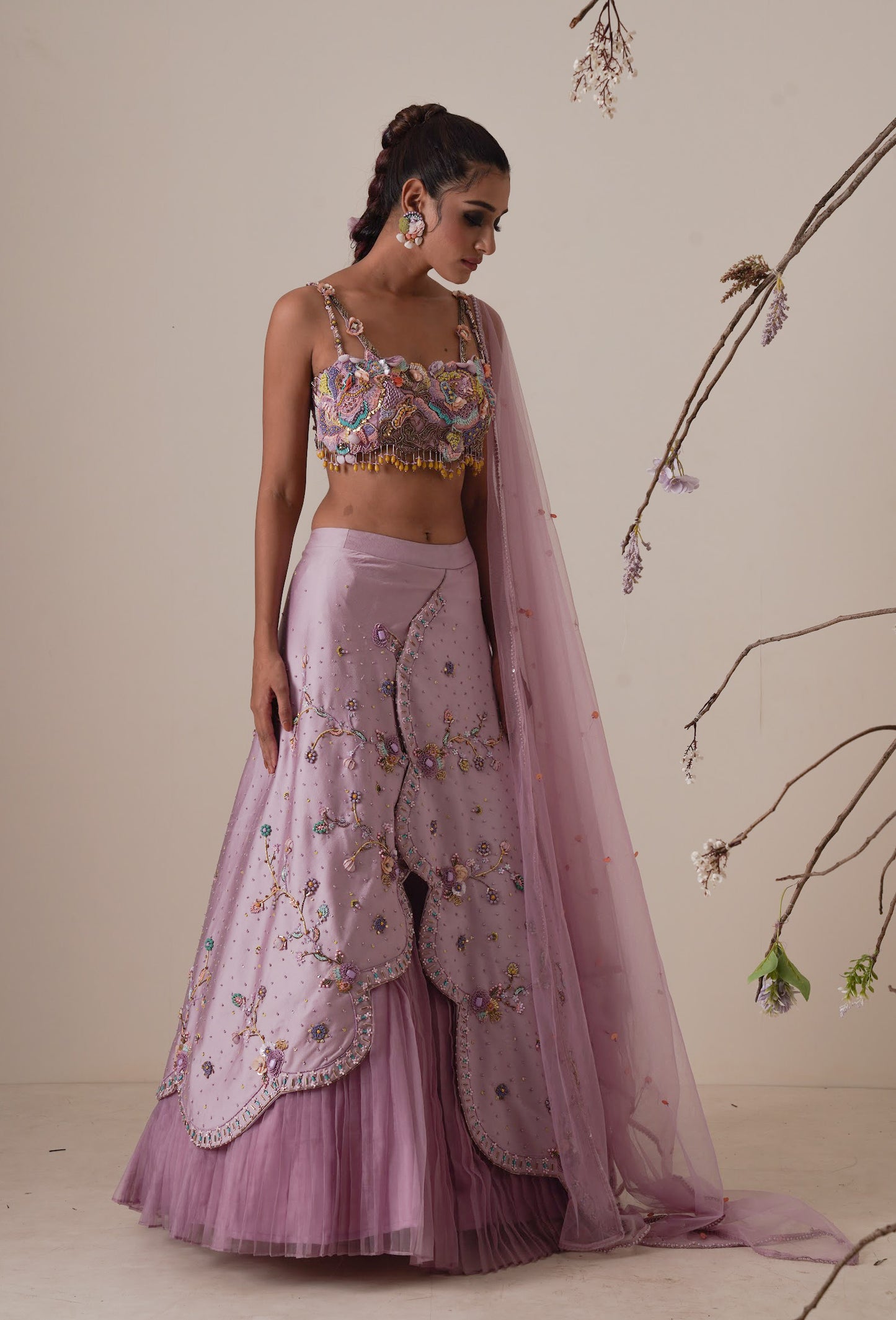 Lavender lehenga set pleated front detail and a applique embroidery dupatta.