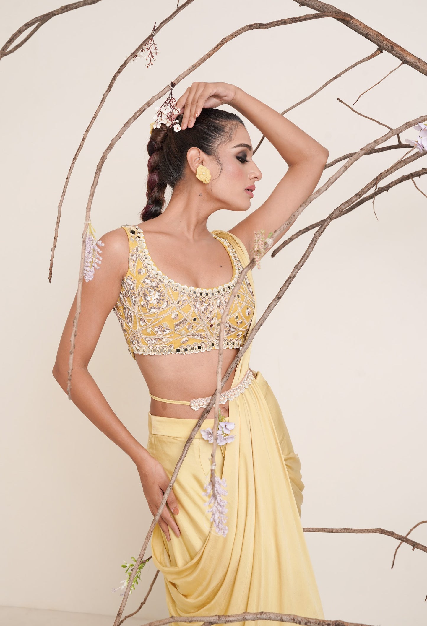 yellow pre-drape saree with shrug