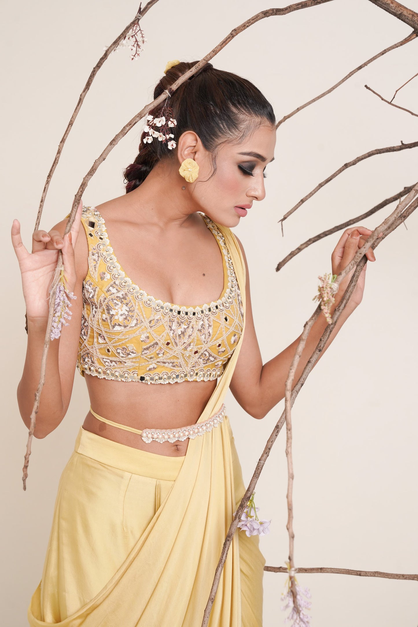 yellow pre-drape saree with shrug