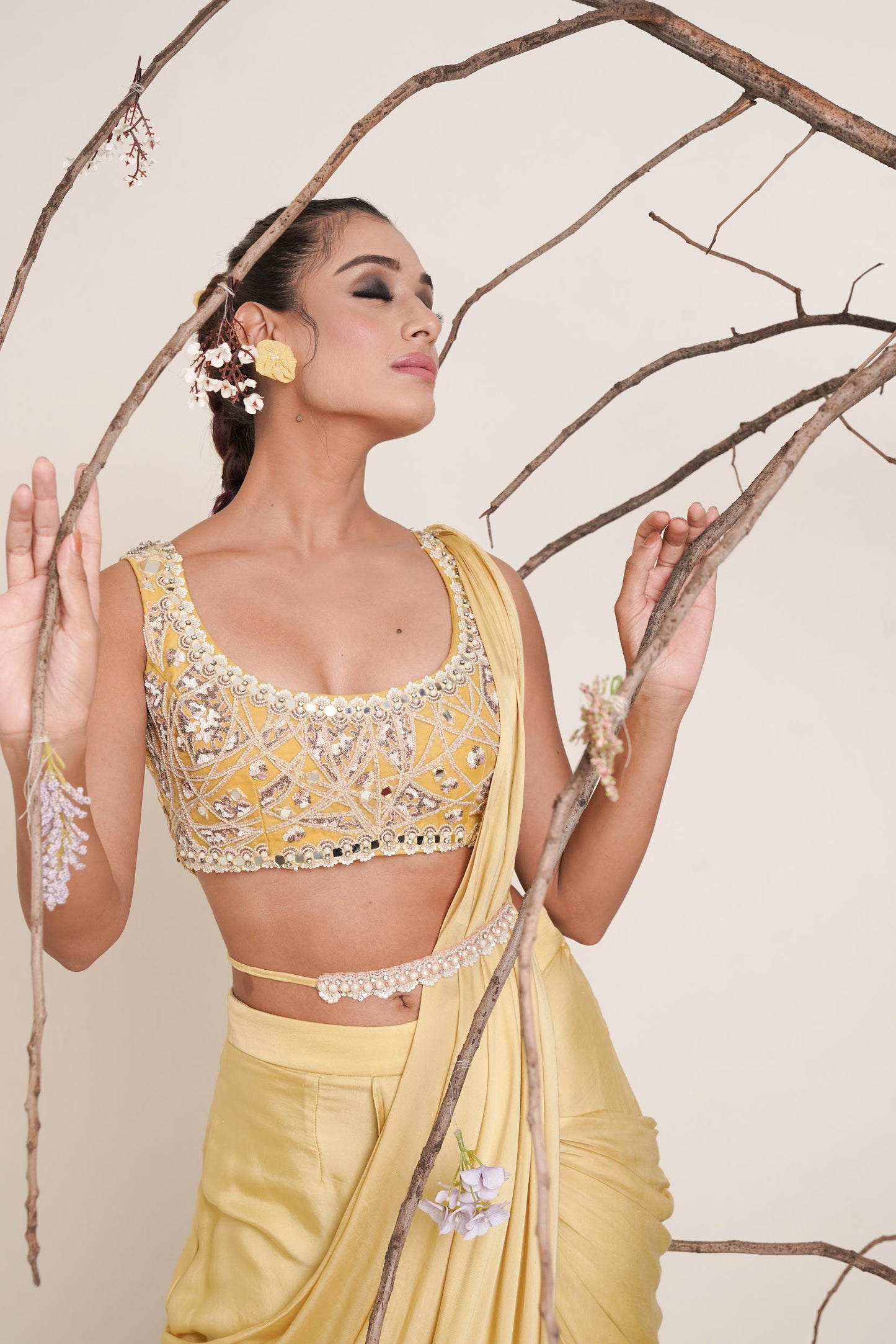 yellow pre-drape saree with shrug