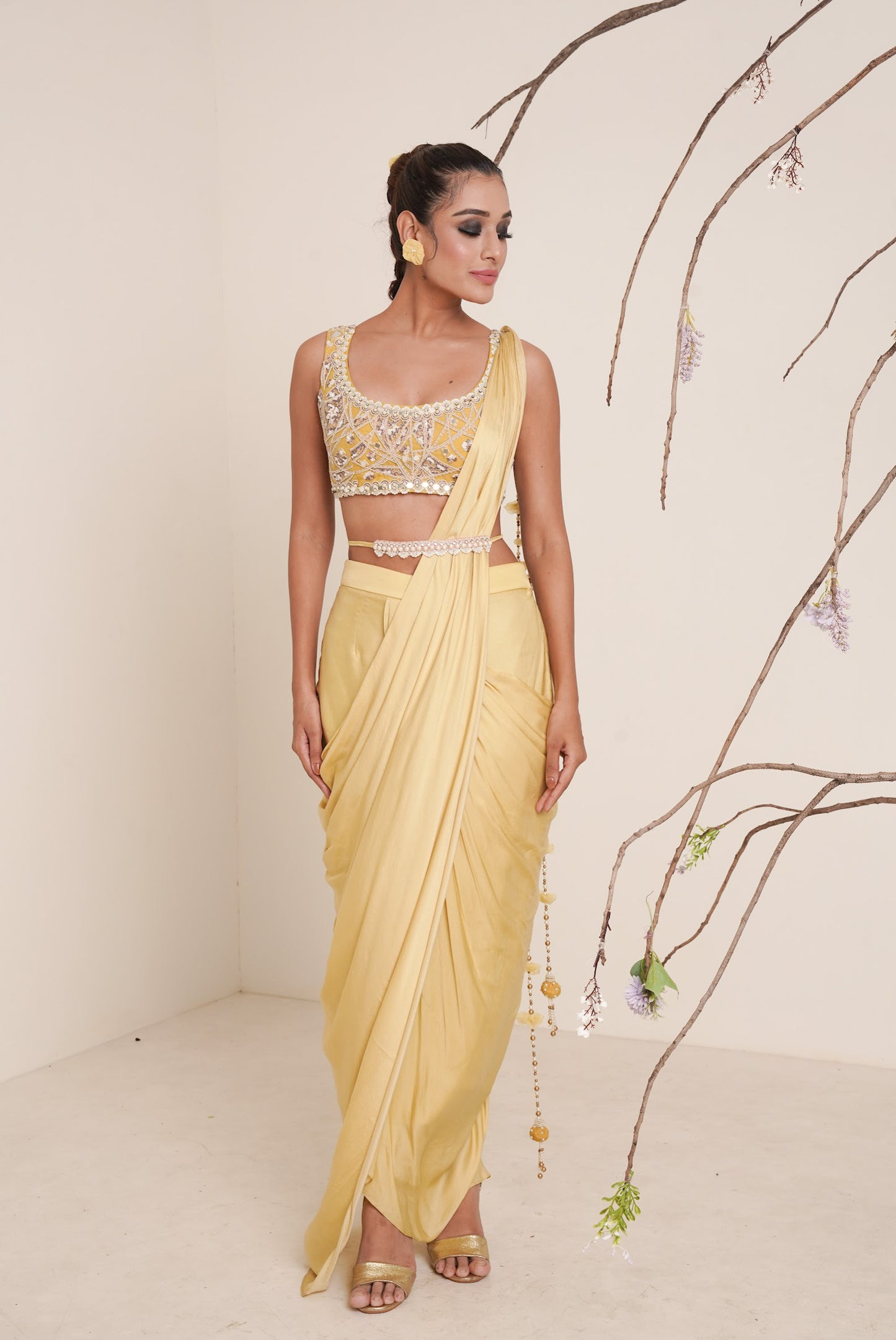 yellow pre-drape saree with shrug