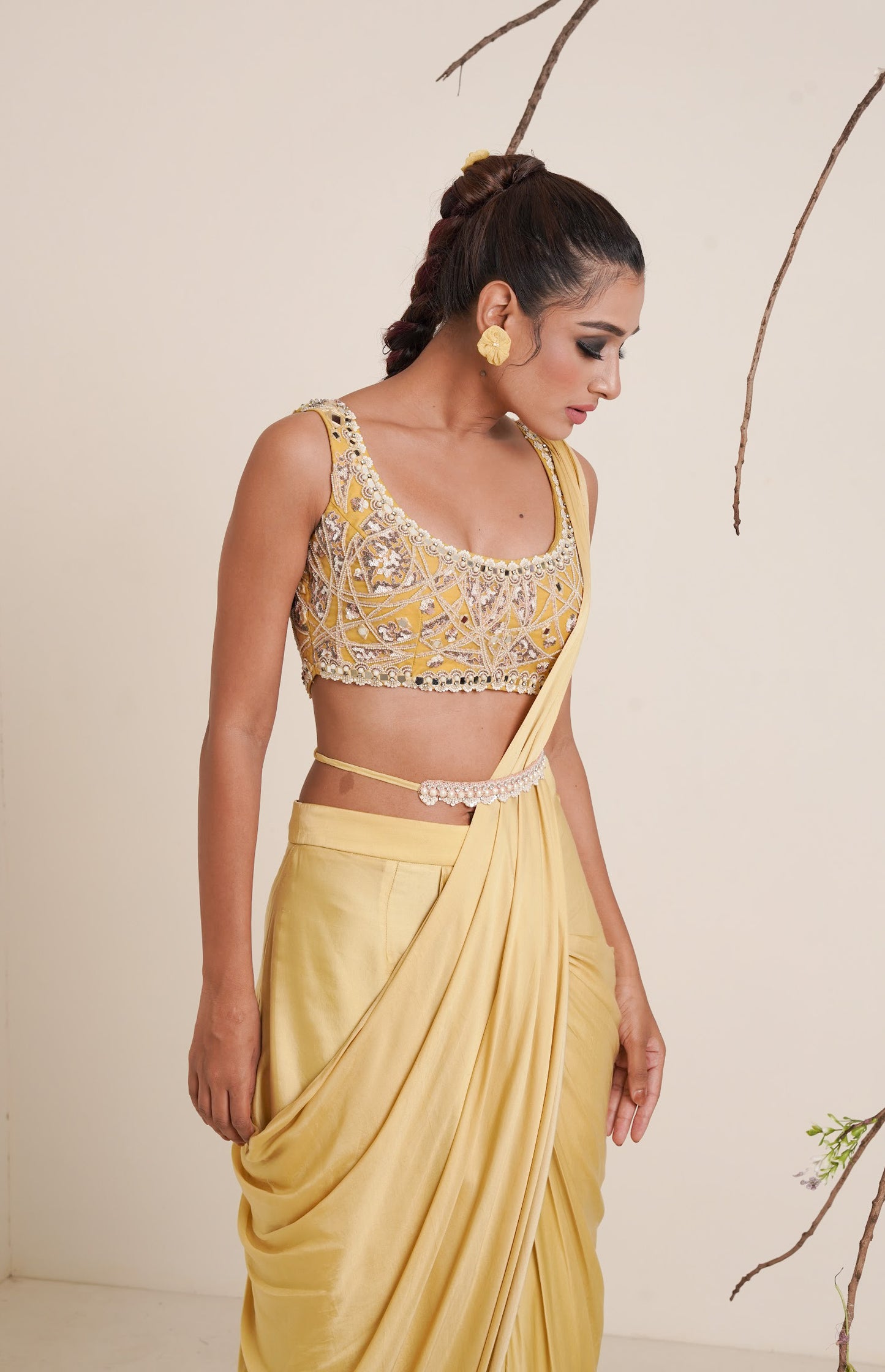 yellow pre-drape saree with shrug