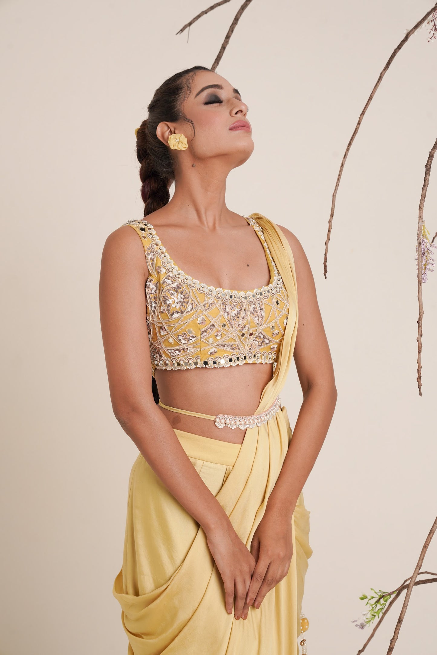 yellow pre-drape saree with shrug