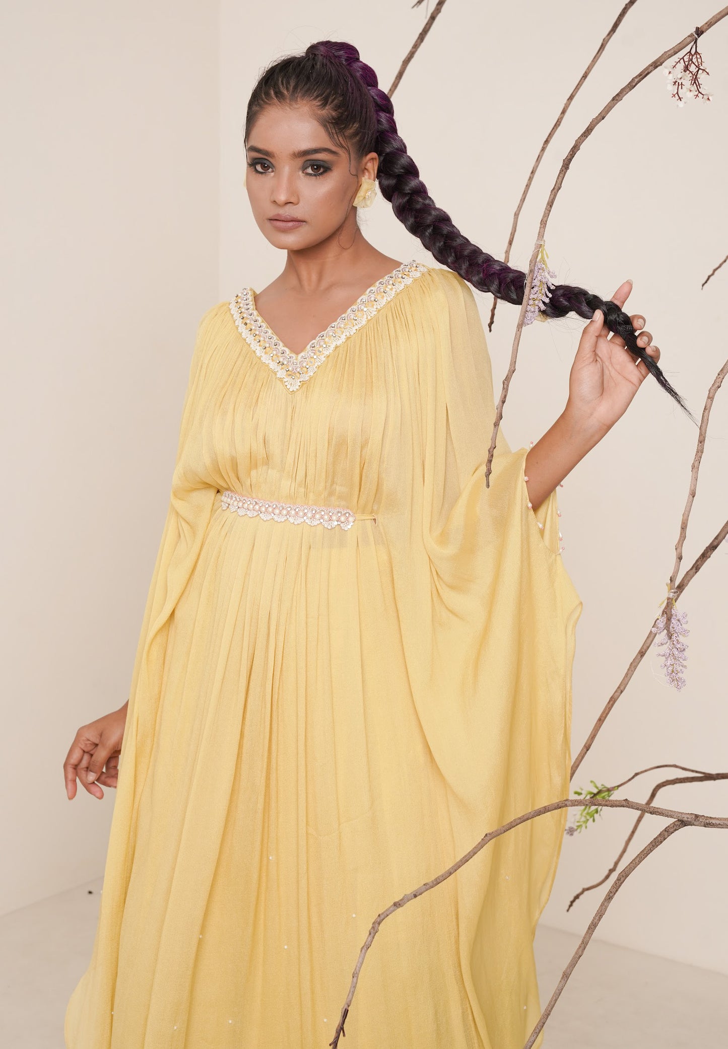 yellow kaftan set with waist belt