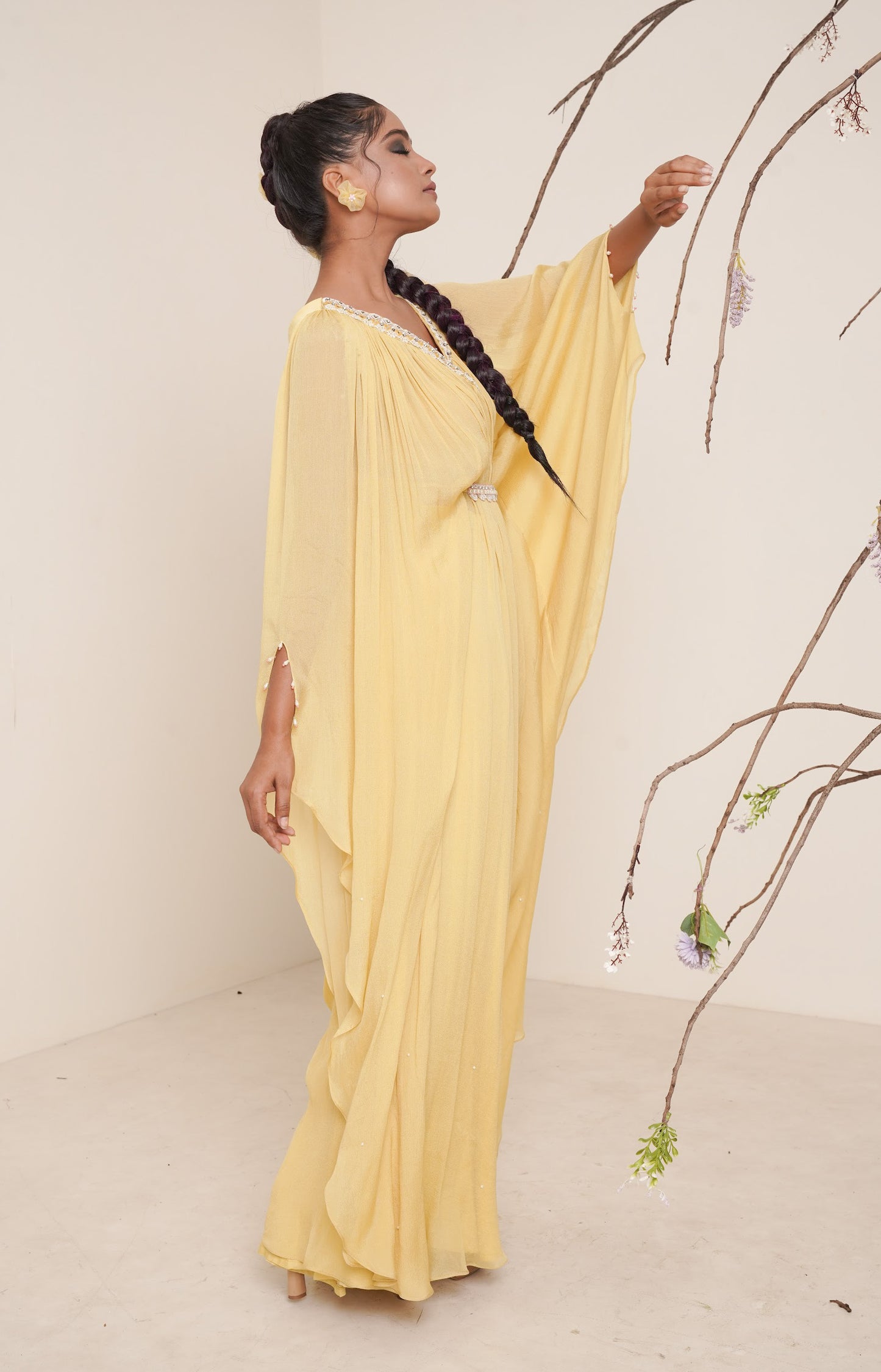 yellow kaftan set with waist belt