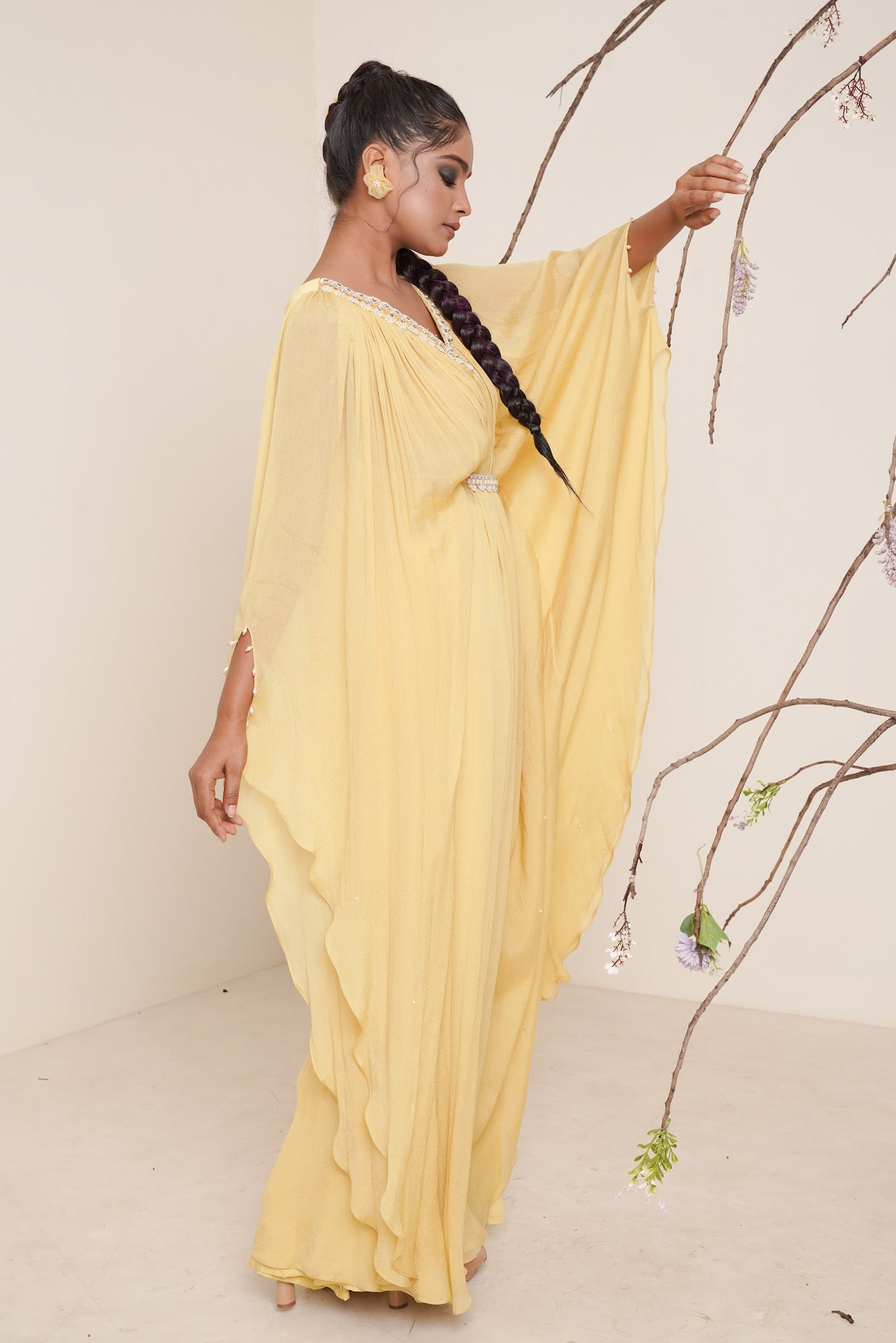 yellow kaftan set with waist belt