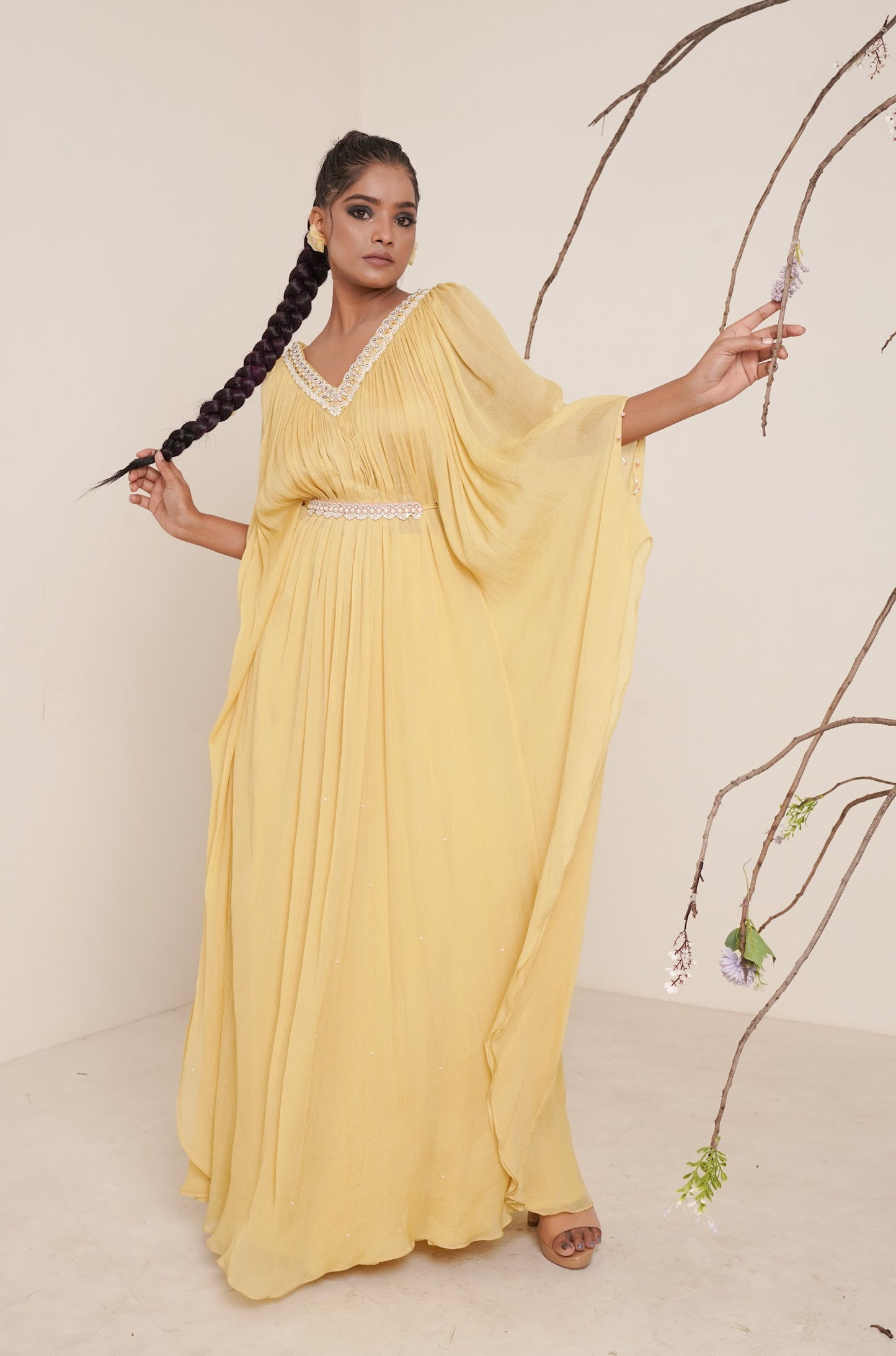 yellow kaftan set with waist belt