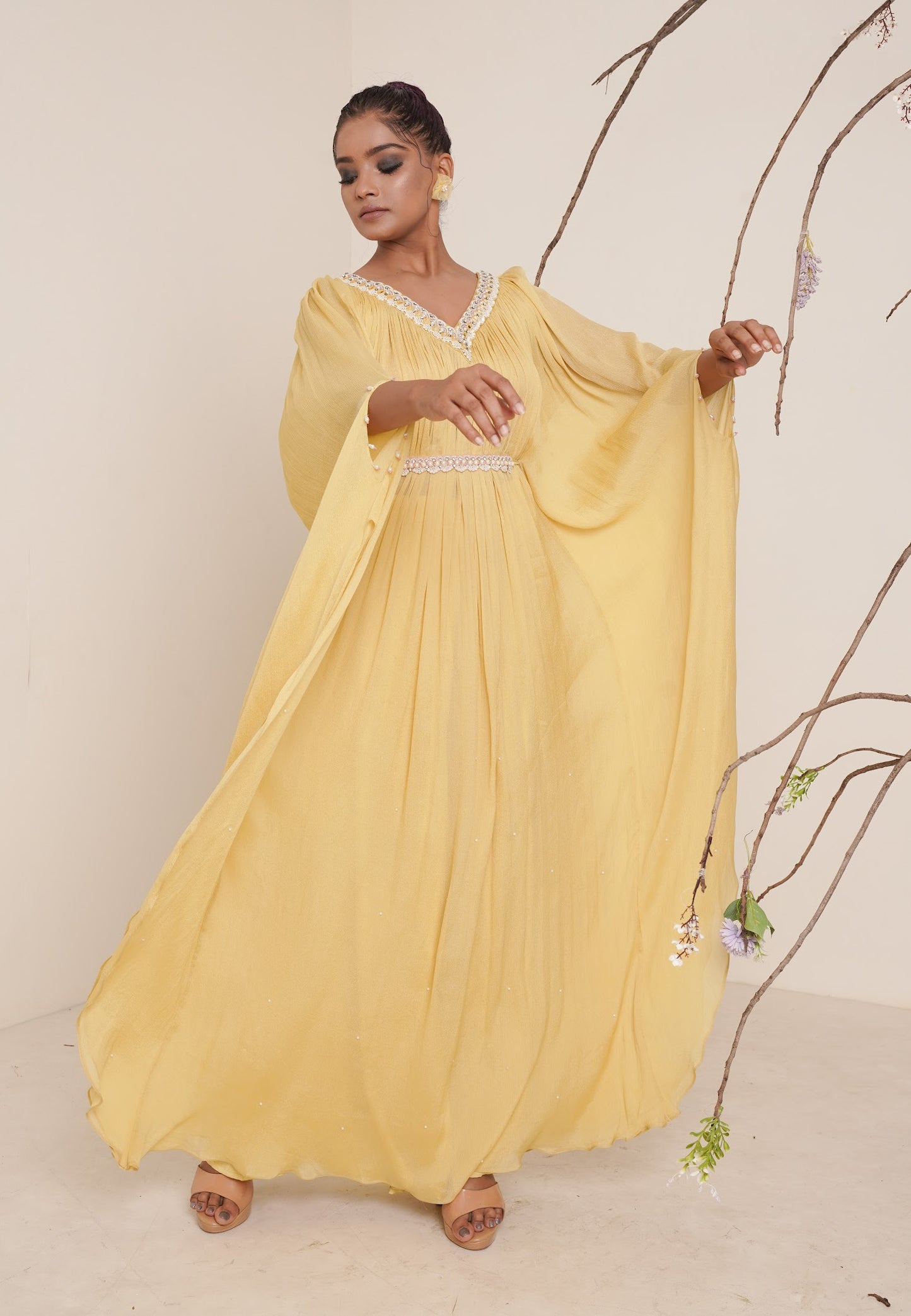yellow kaftan set with waist belt