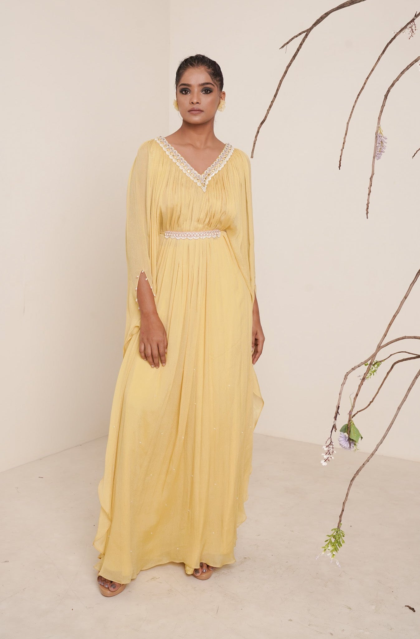 yellow kaftan set with waist belt