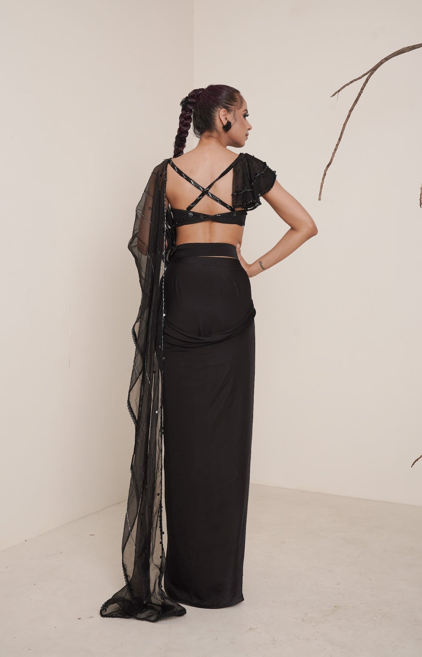 Black pre-drape saree set