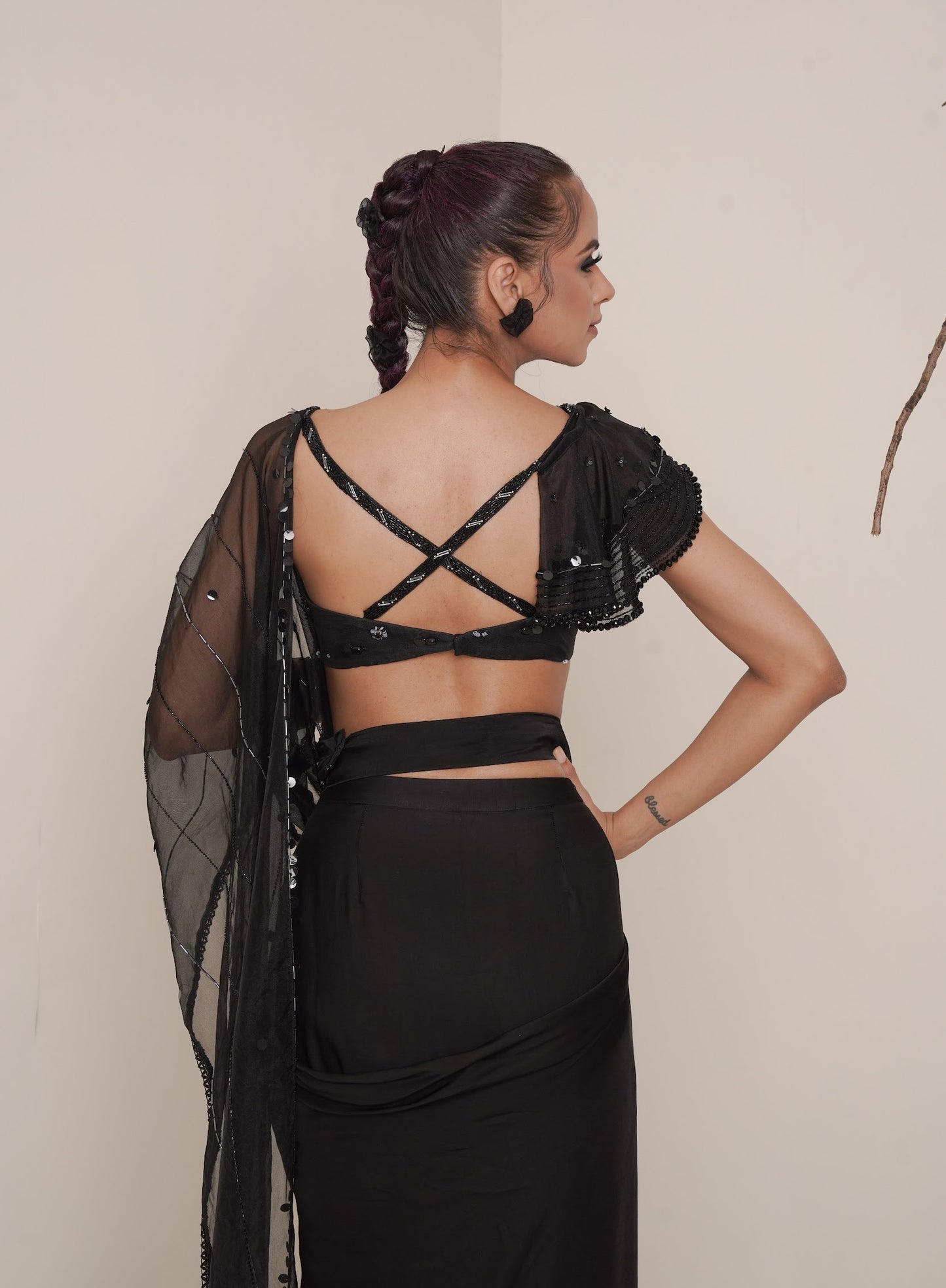Black pre-drape saree set