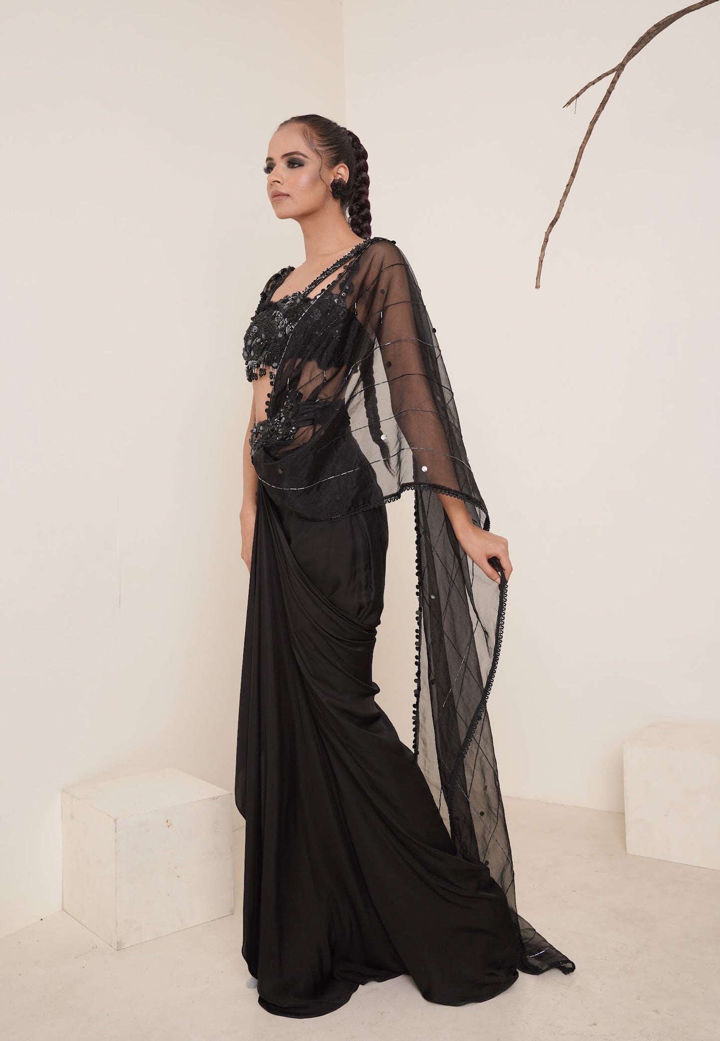 Black pre-drape saree set