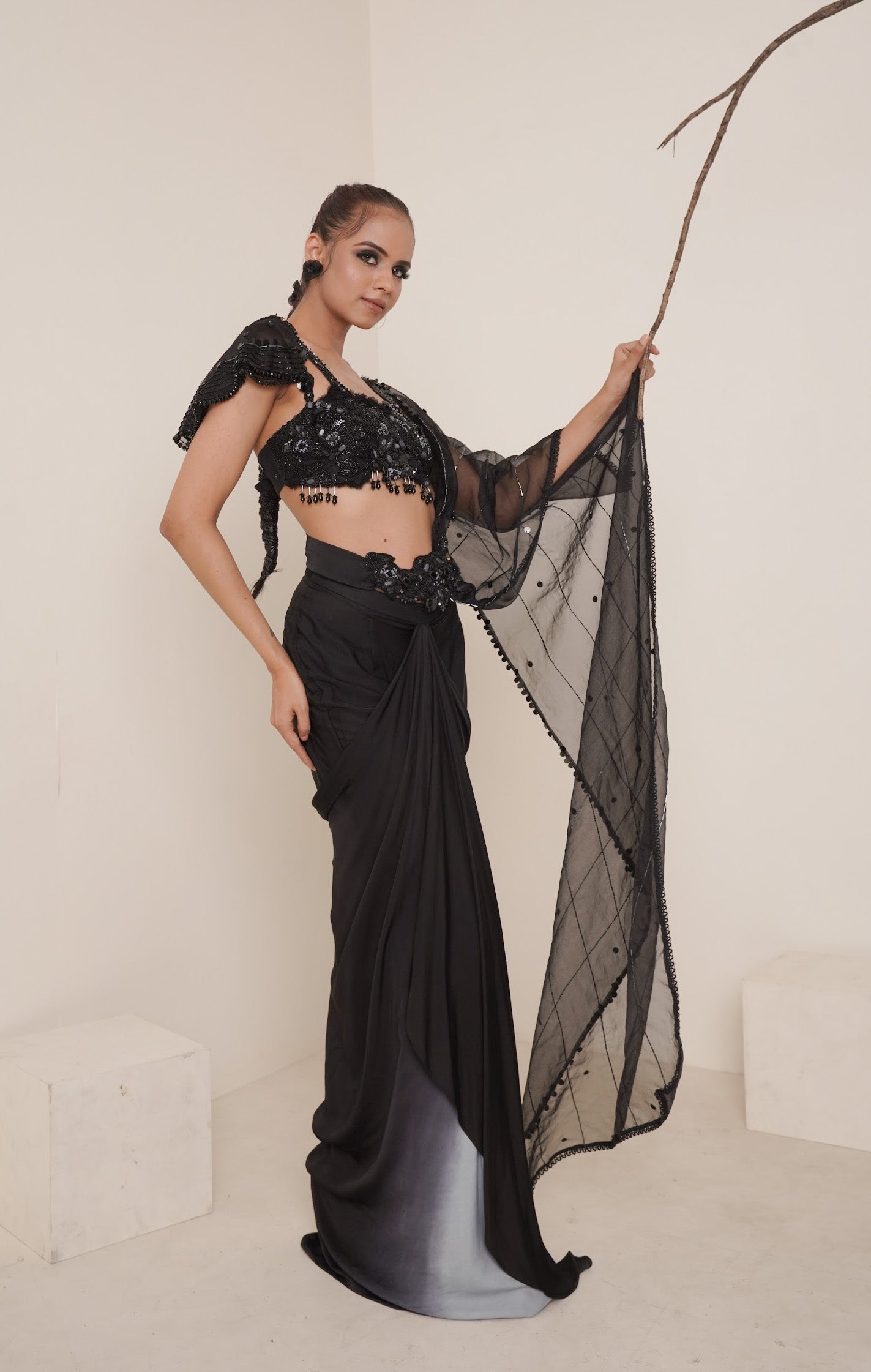 Black pre-drape saree set