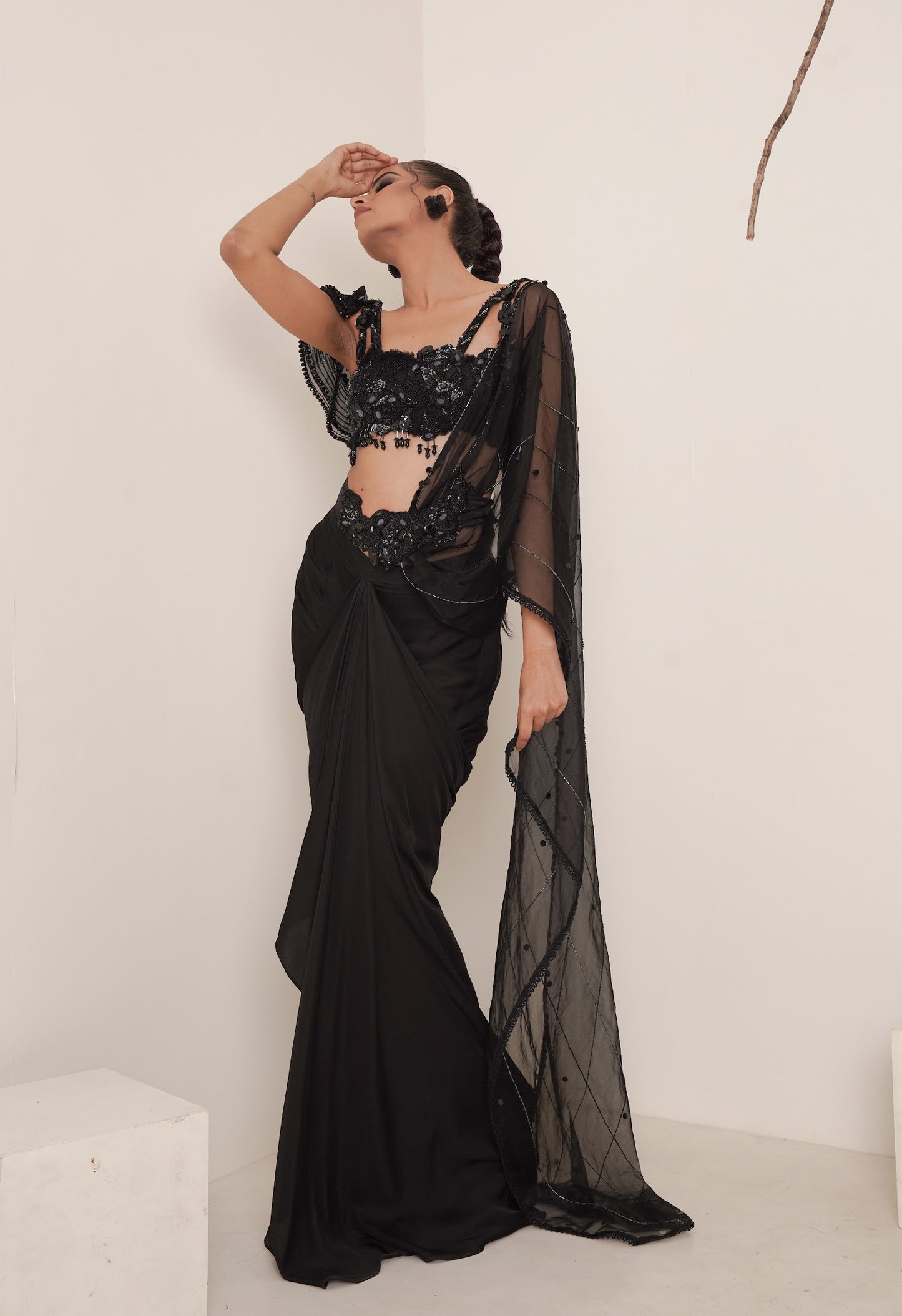 Black pre-drape saree set