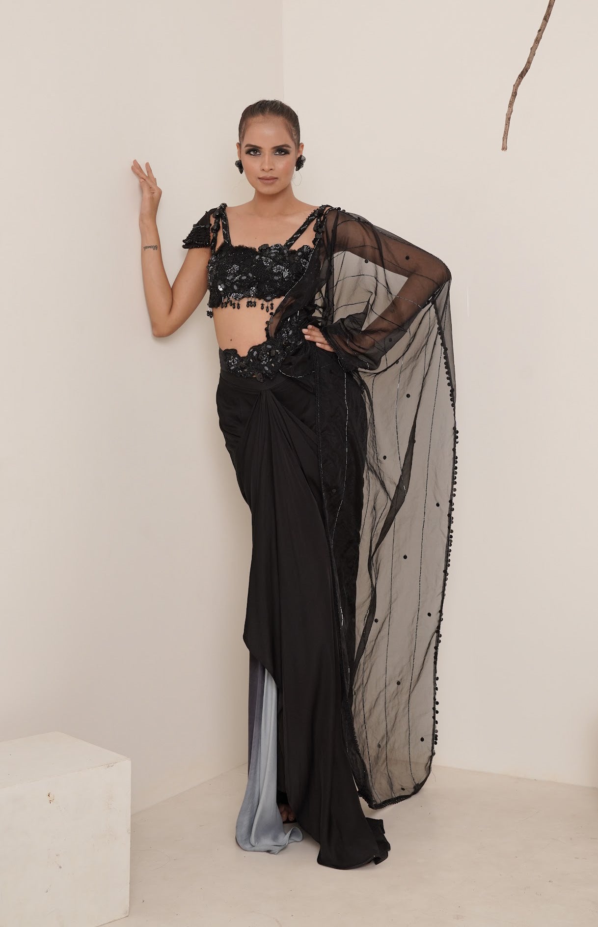 Black pre-drape saree set