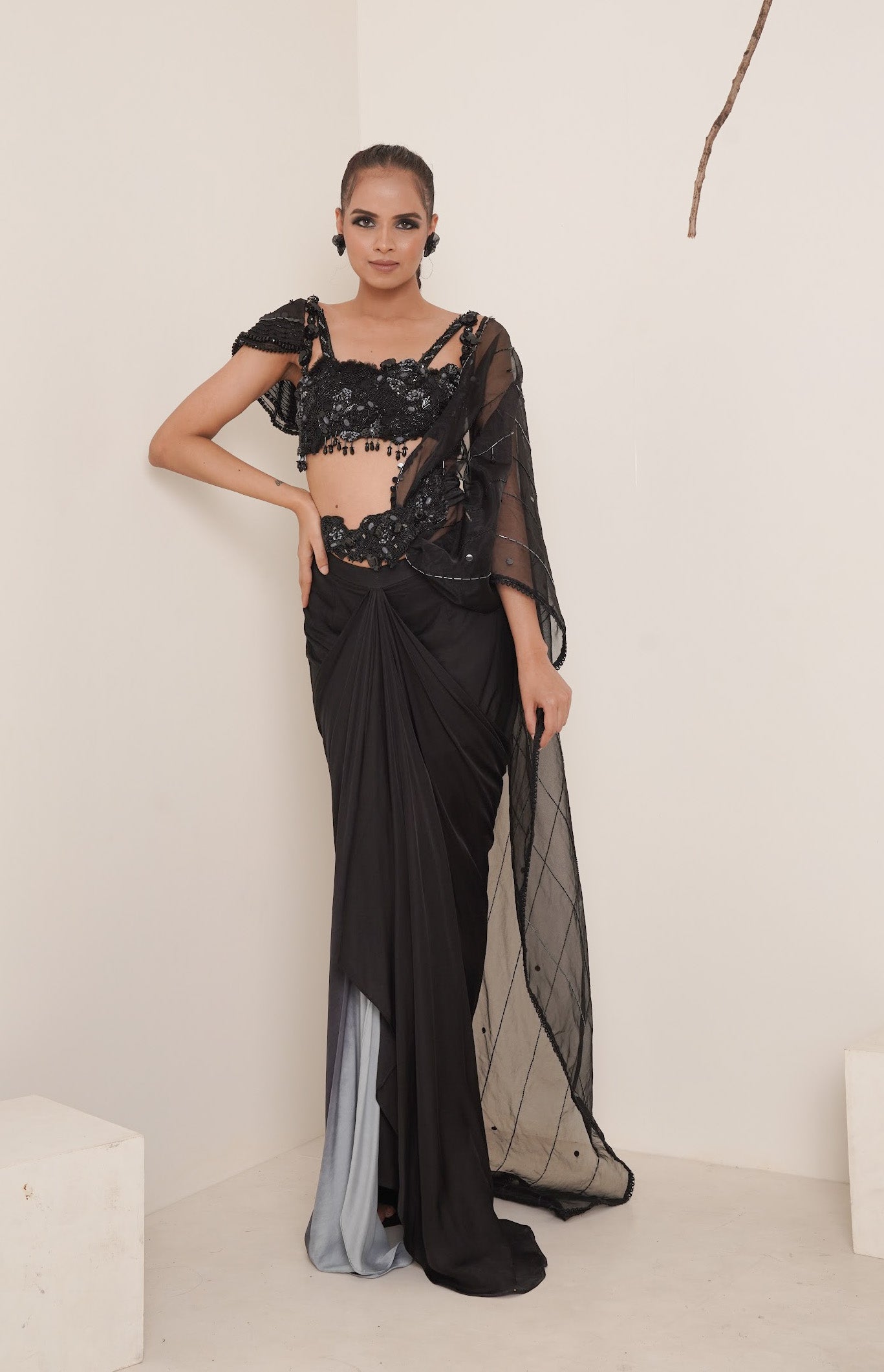 Black pre-drape saree set