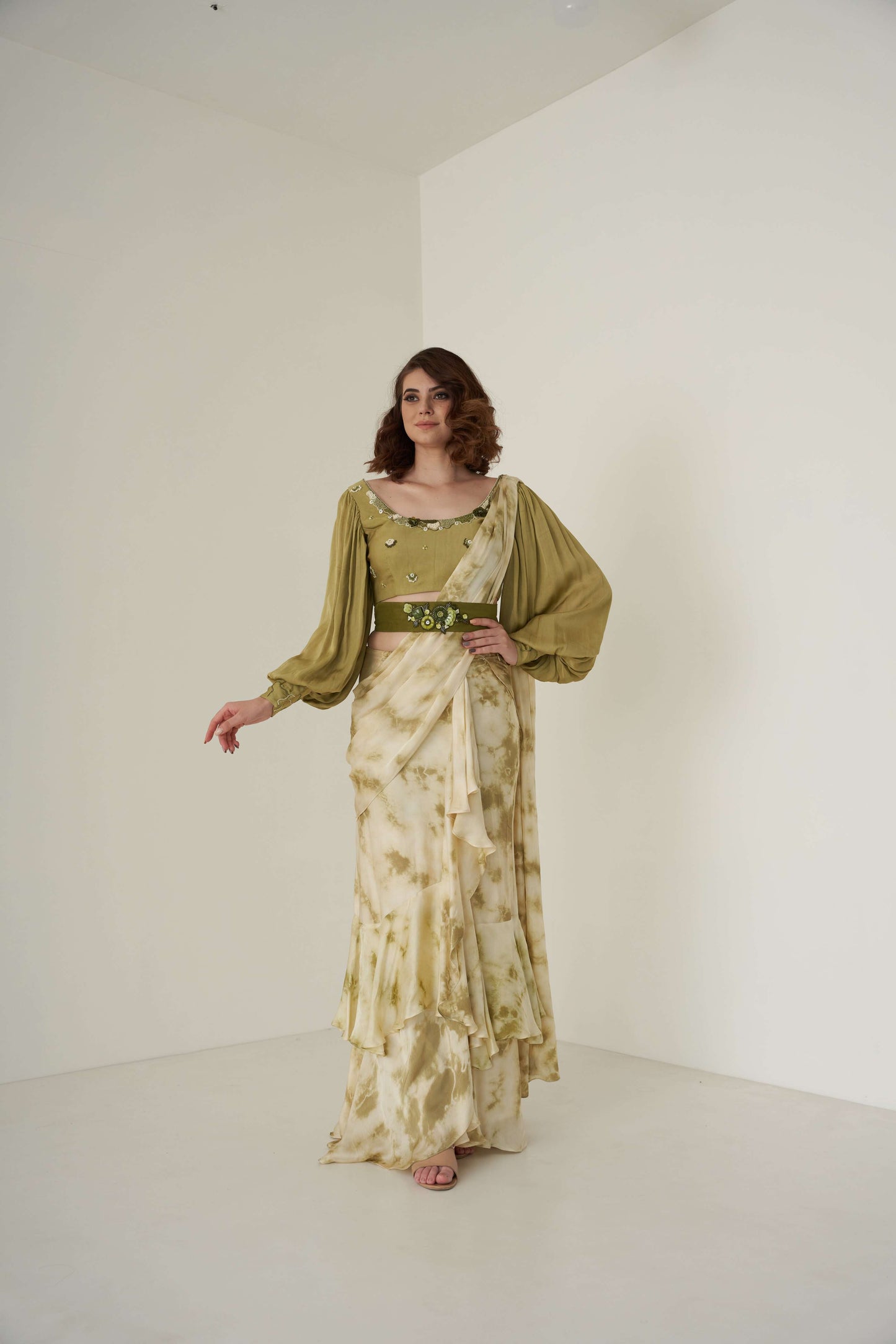 Green Tie Dye Pre-Drape Saree