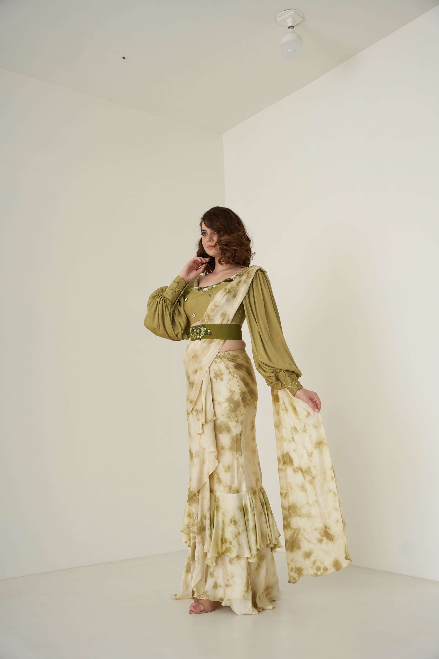 Green Tie Dye Pre-Drape Saree