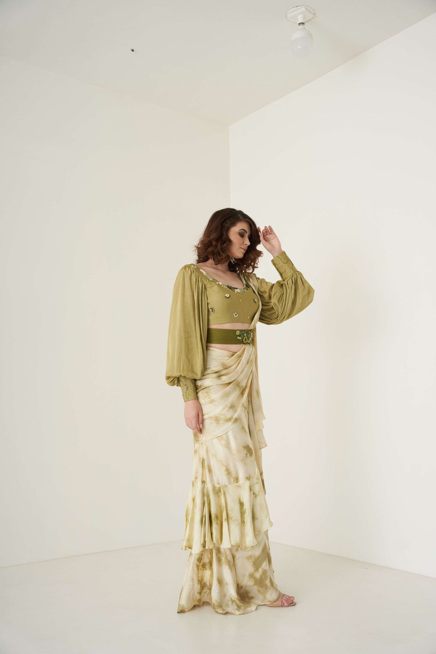 Green Tie Dye Pre-Drape Saree
