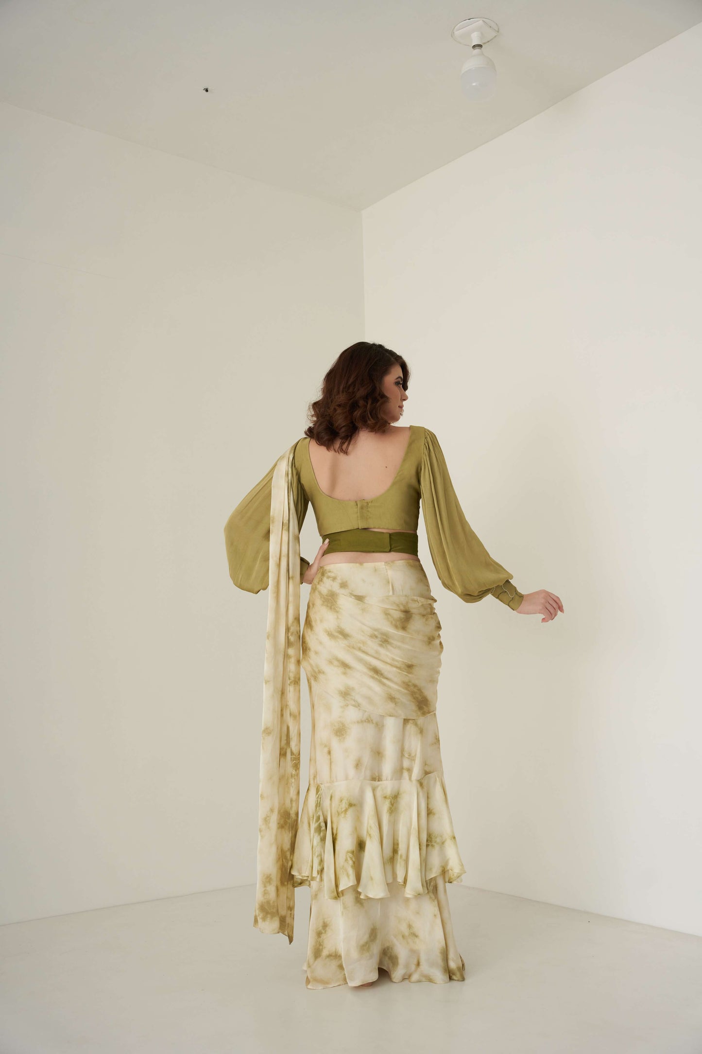 Green Tie Dye Pre-Drape Saree