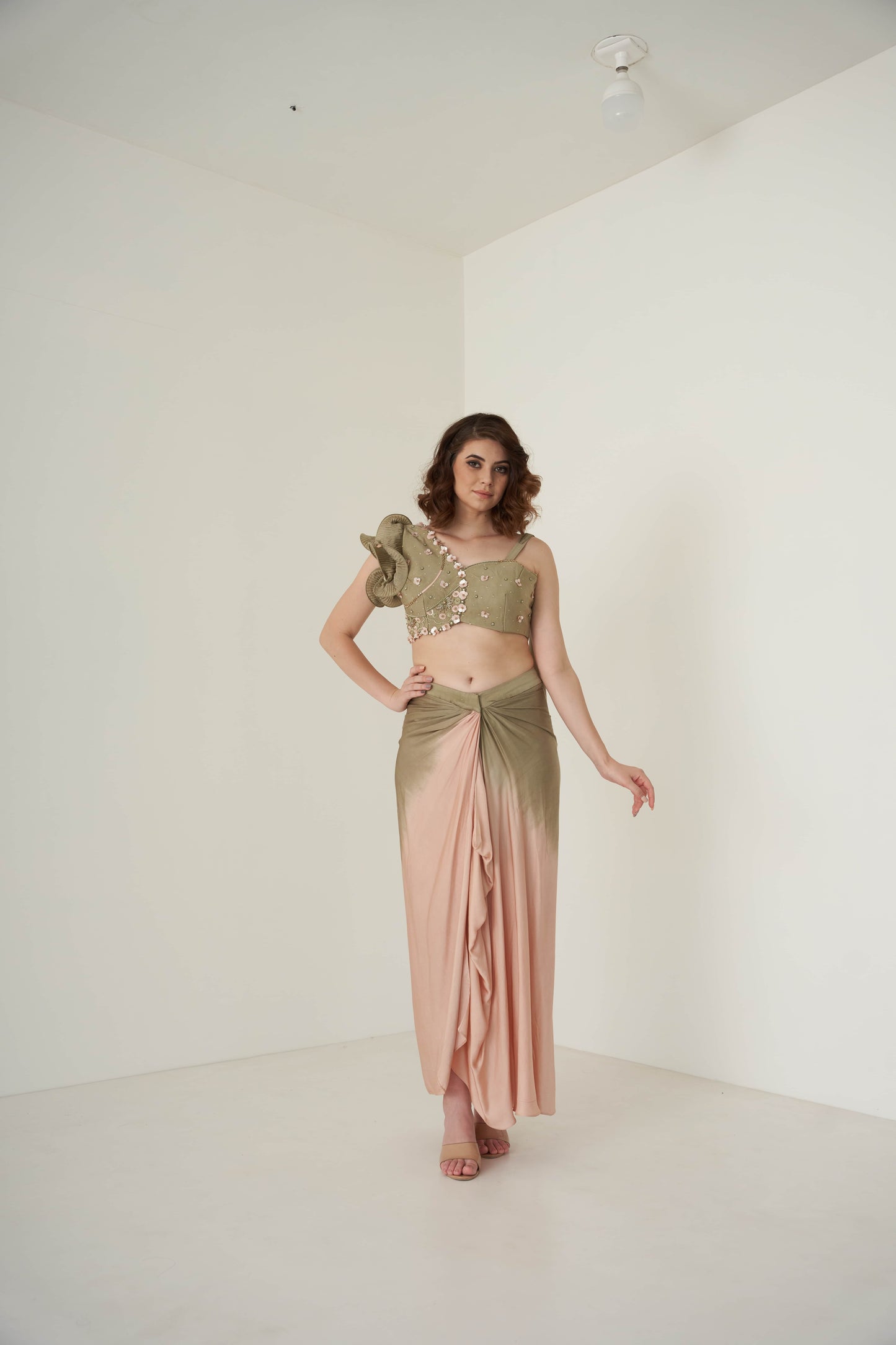 Moss Green and Peach Shaded Dhoti Set
