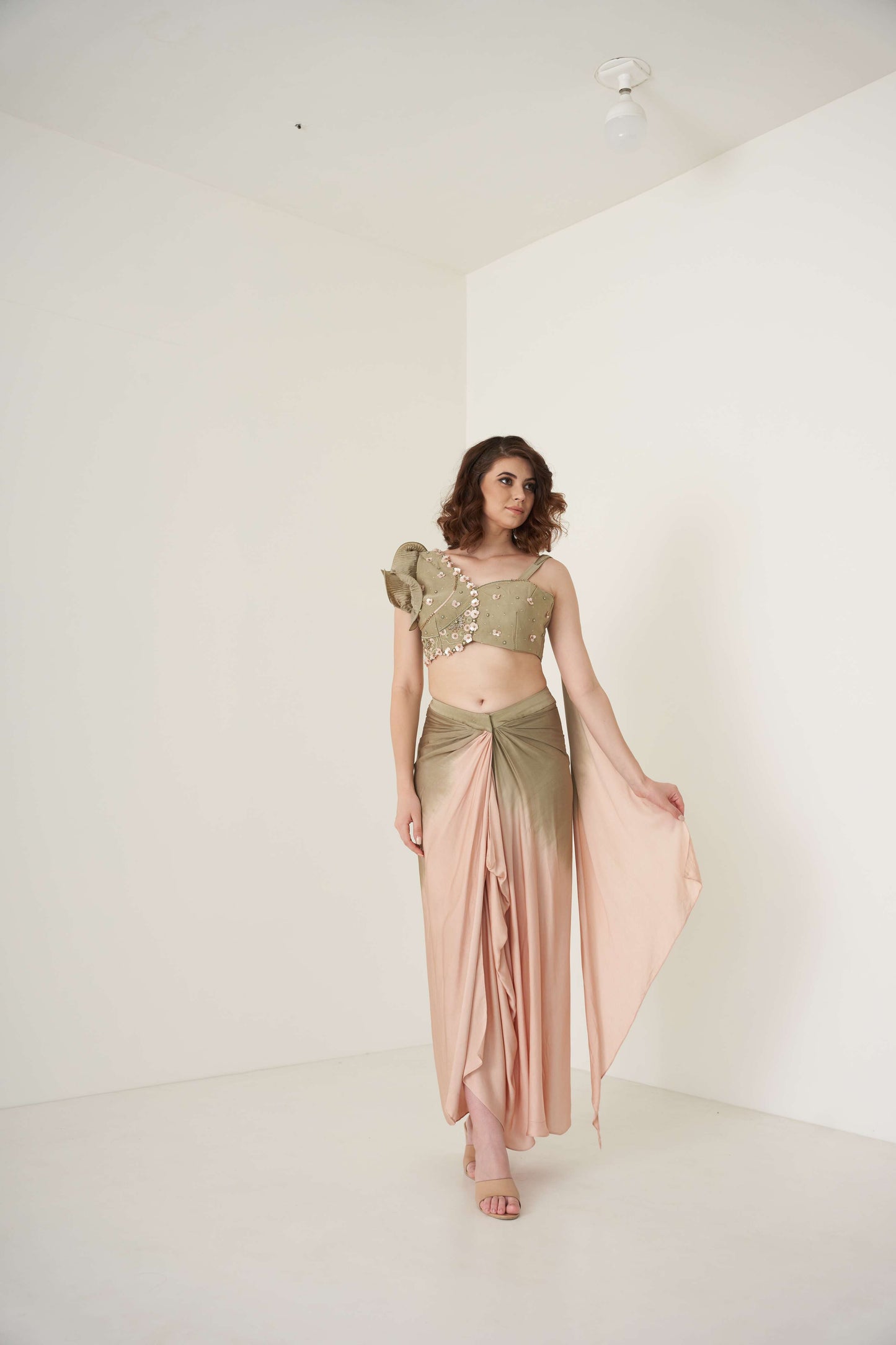 Moss Green and Peach Shaded Dhoti Set