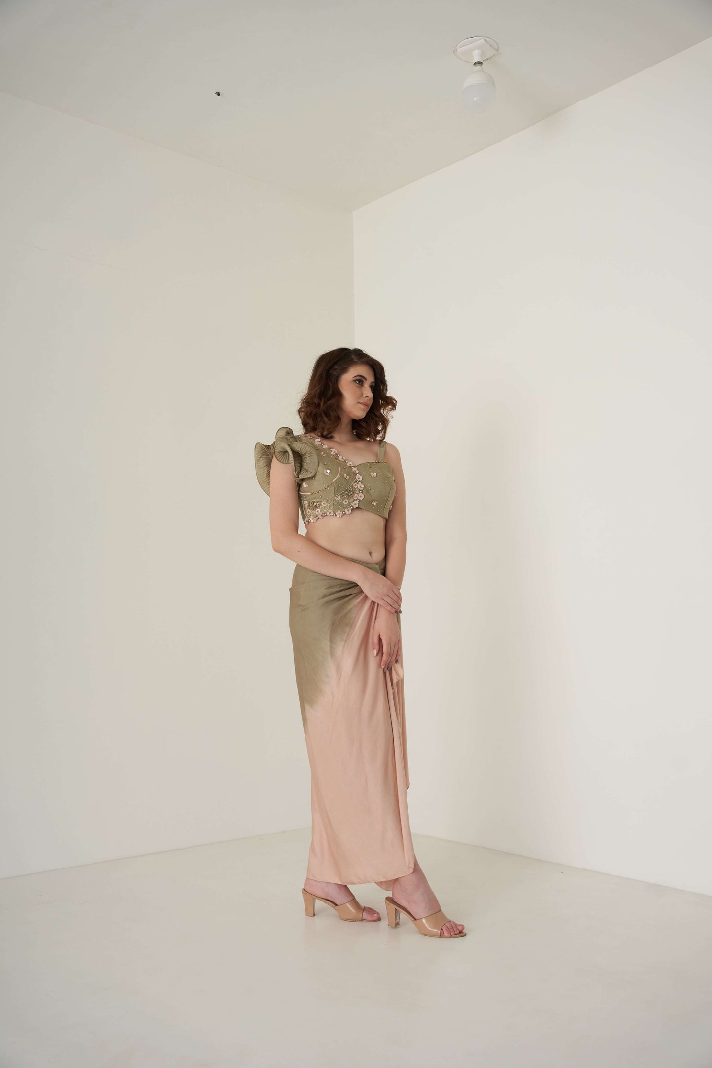 Moss Green and Peach Shaded Dhoti Set