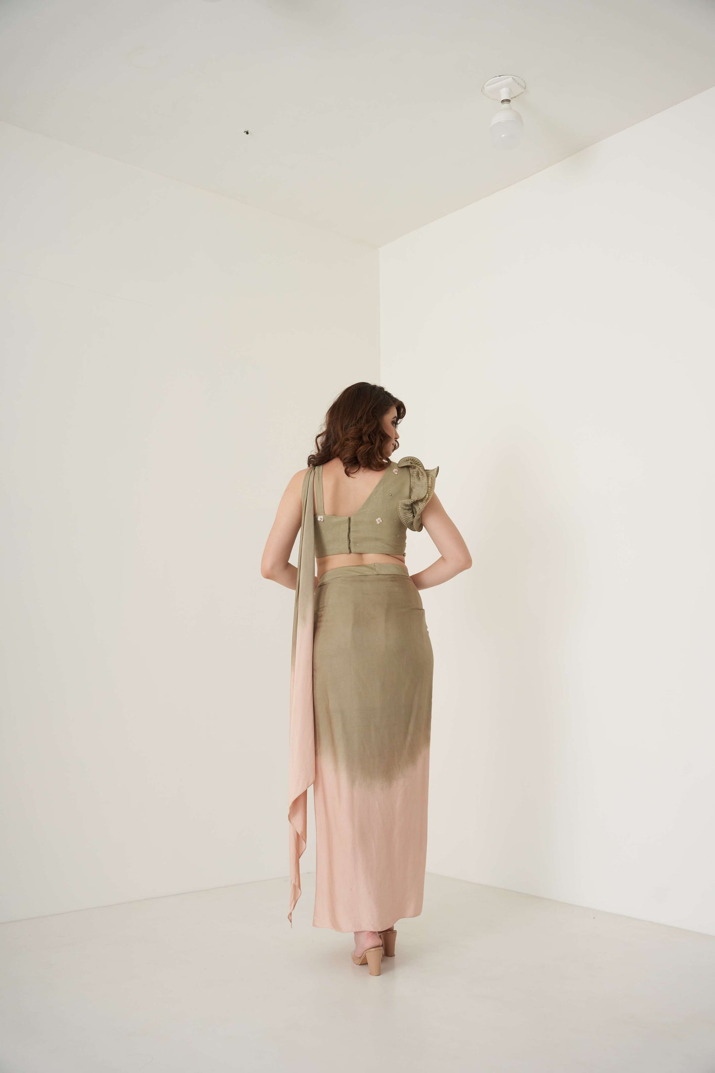 Moss Green and Peach Shaded Dhoti Set