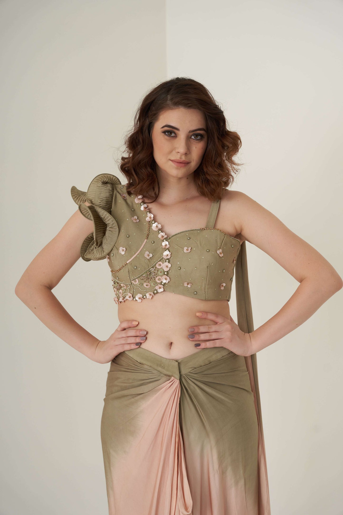 Moss Green and Peach Shaded Dhoti Set