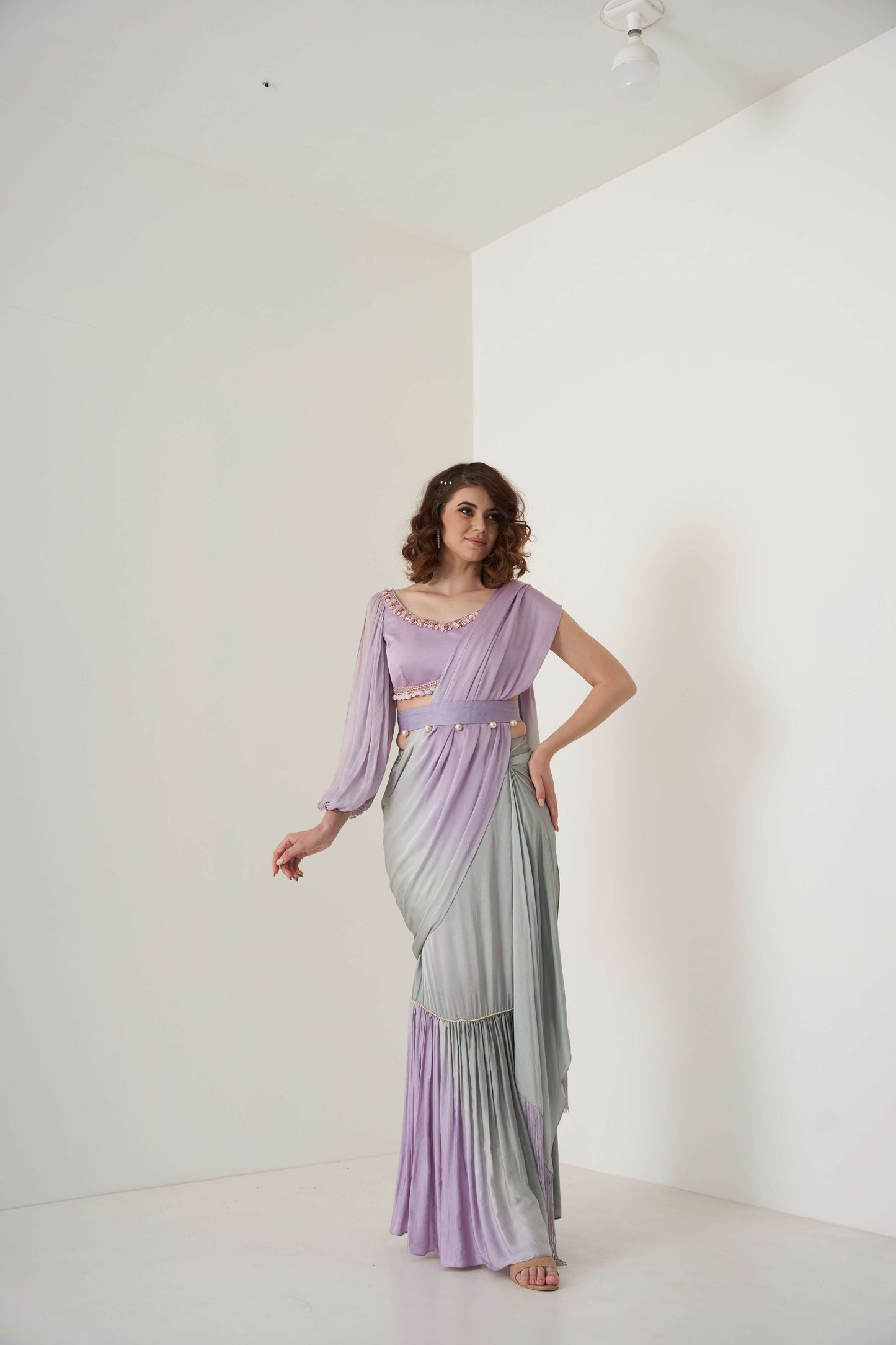 Tie and Dye fish cut pre-drape saree set with belt