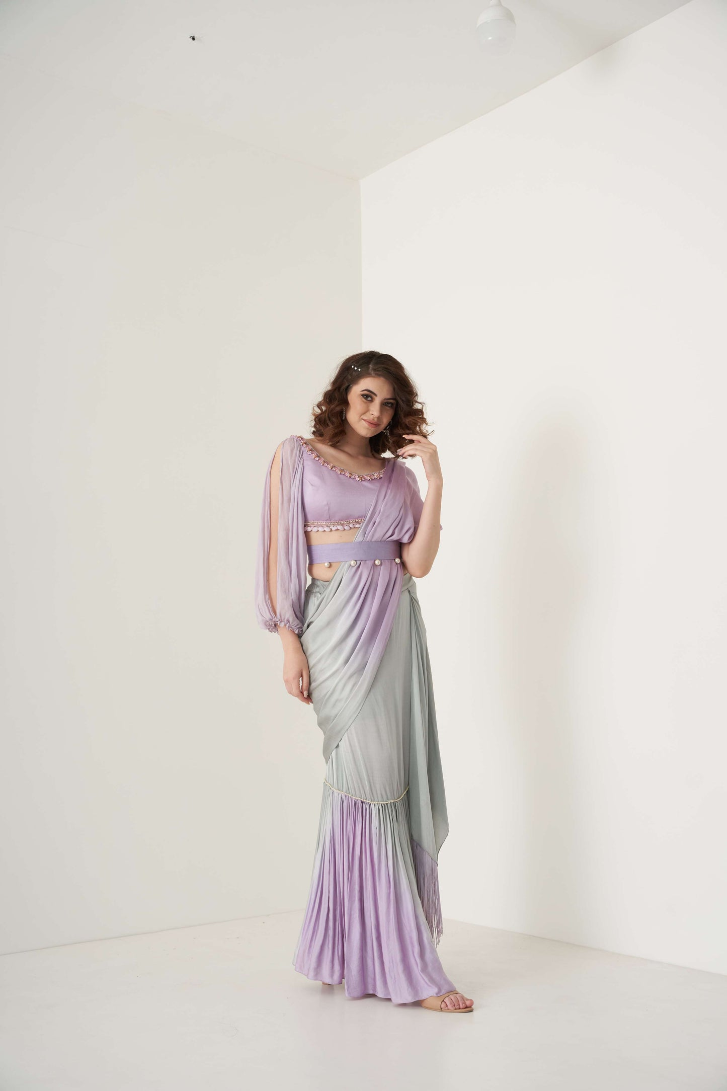 Tie and Dye fish cut pre-drape saree set with belt